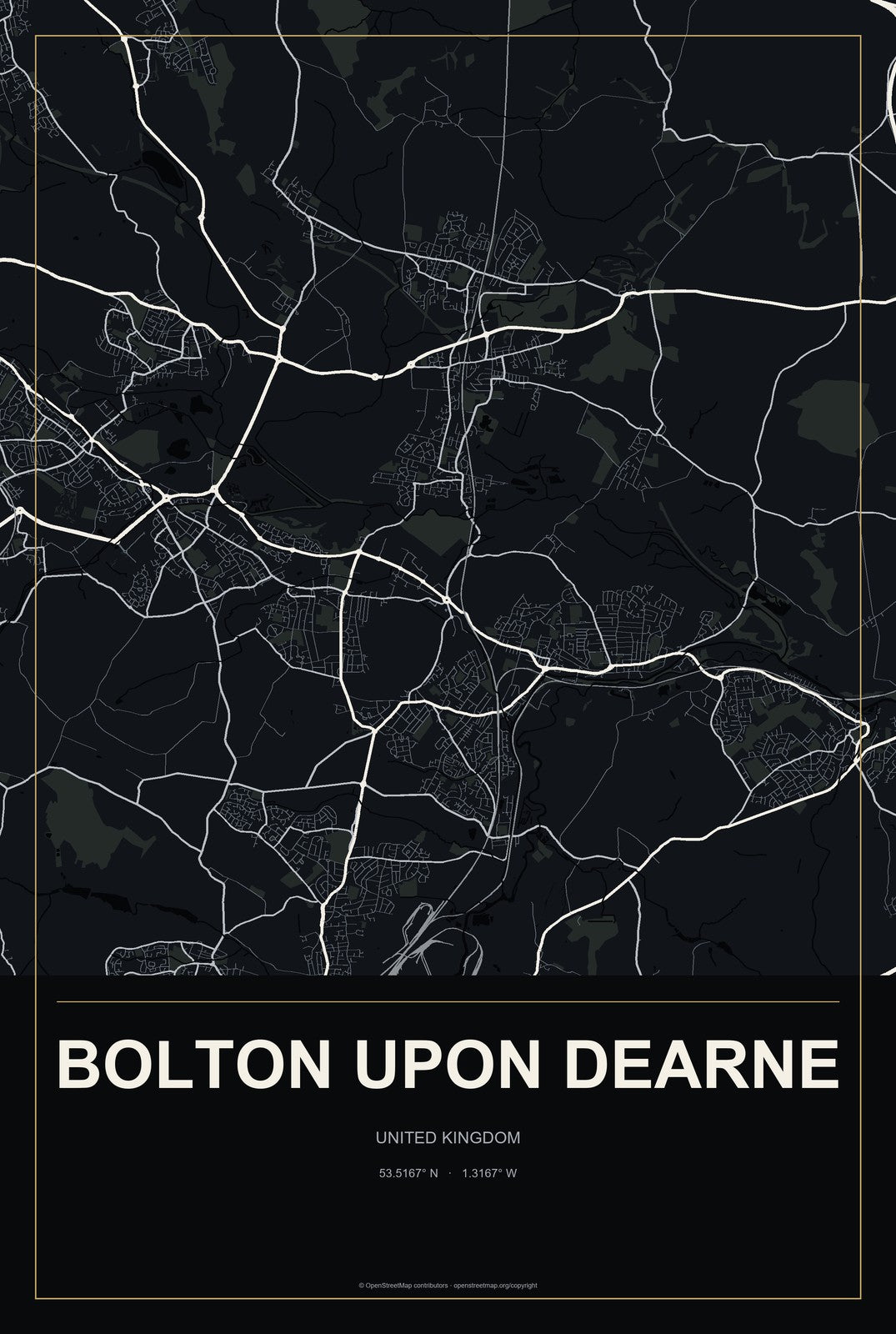 Bolton upon Dearne, United Kingdom City Map Aluminum Sign in Metropolitan Noir style