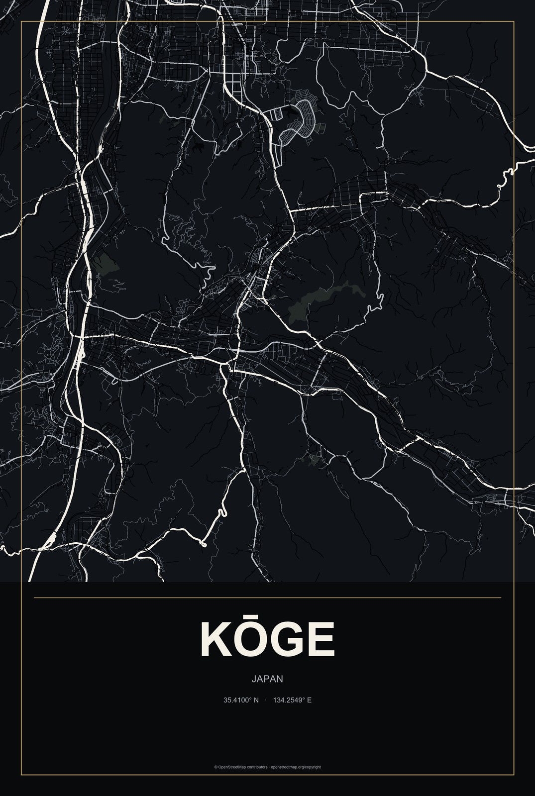 Kōge, Japan City Map Aluminum Sign in Metropolitan Noir style