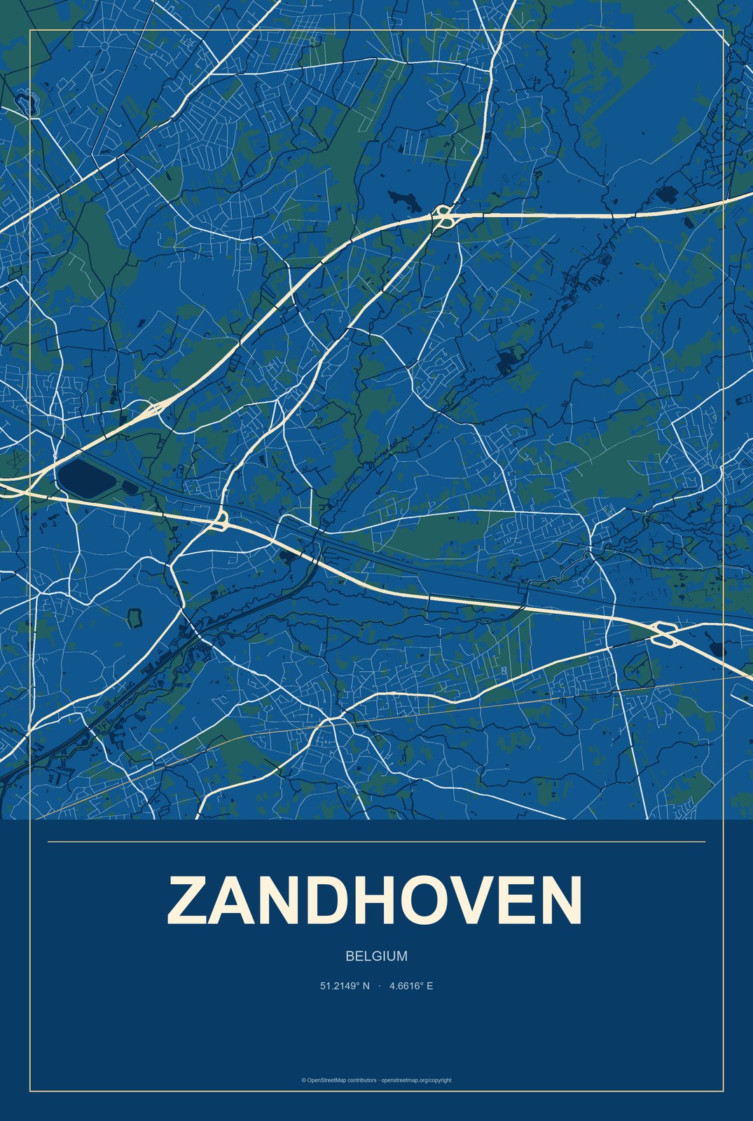 Zandhoven, Belgium City Map Aluminum Sign in Harbor Cobalt style