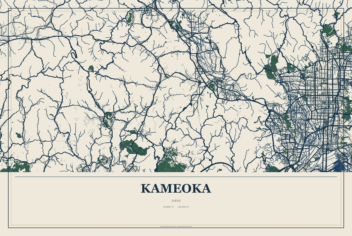 Kameoka, Japan City Map Aluminum Sign in Coastal Cutout style