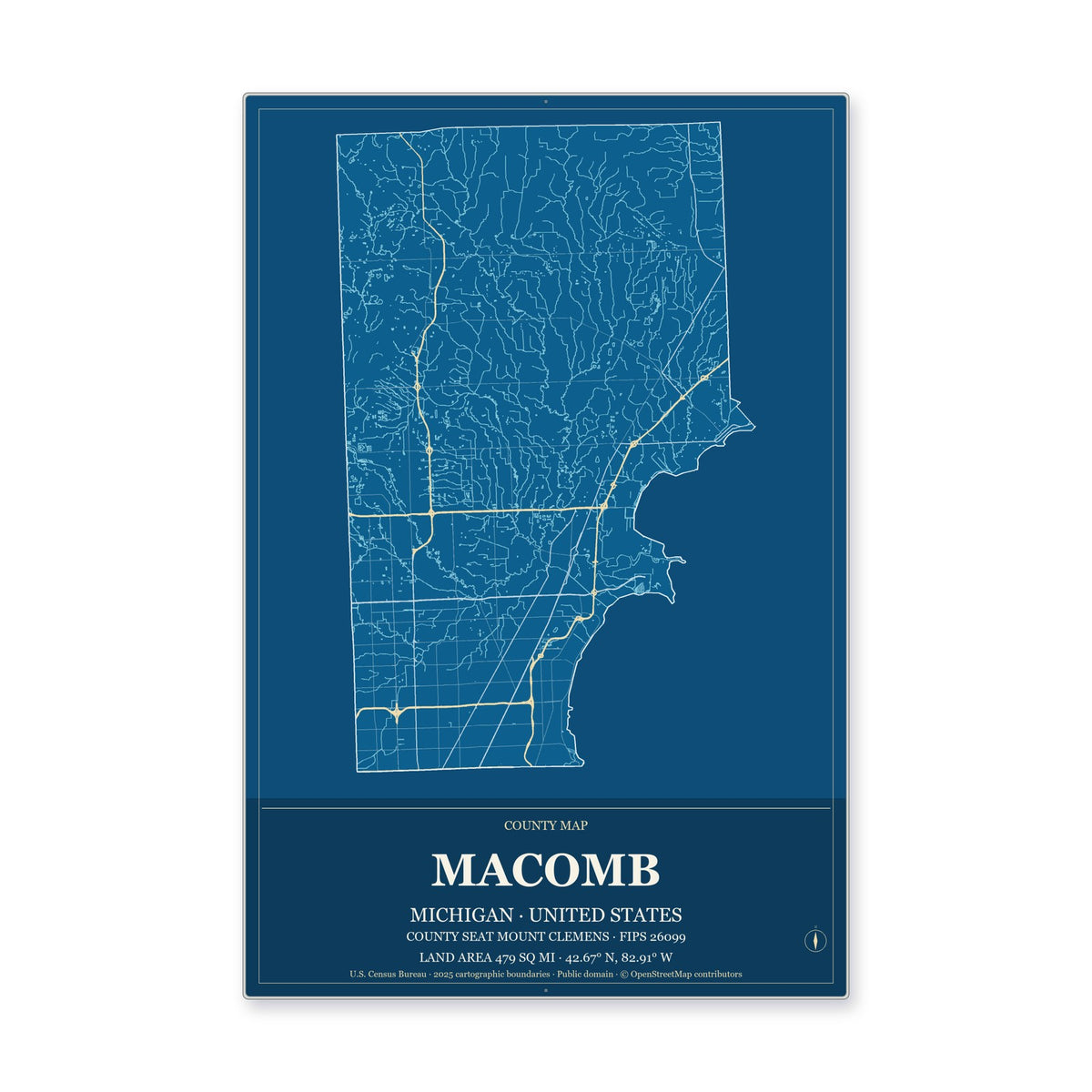 Macomb County, Michigan Map Aluminum Sign in Harbor Cobalt style