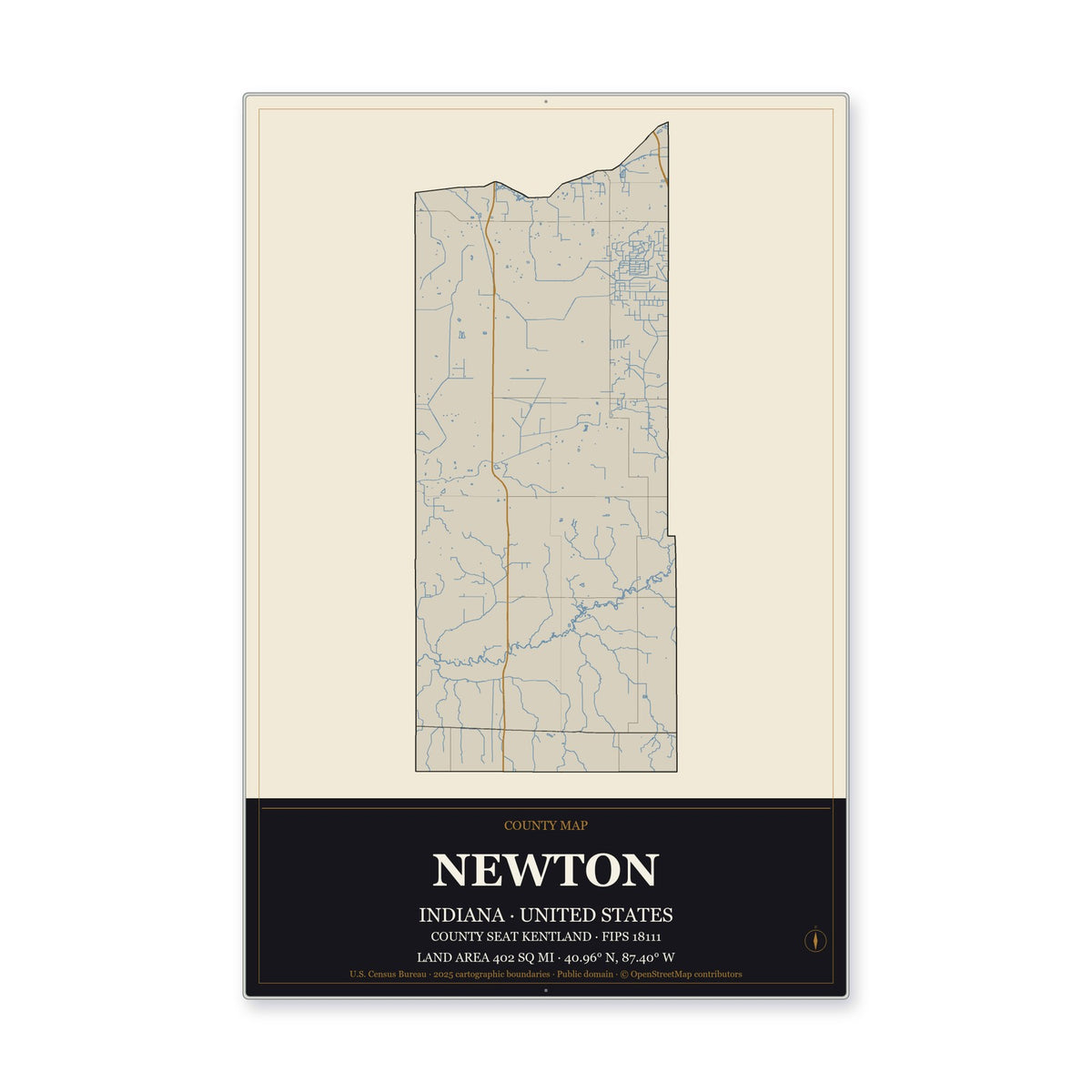 Newton County, Indiana Map Aluminum Sign in Museum Plaque style