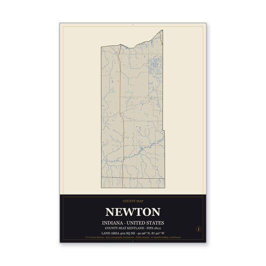 Newton County, Indiana Map Aluminum Sign in Museum Plaque style