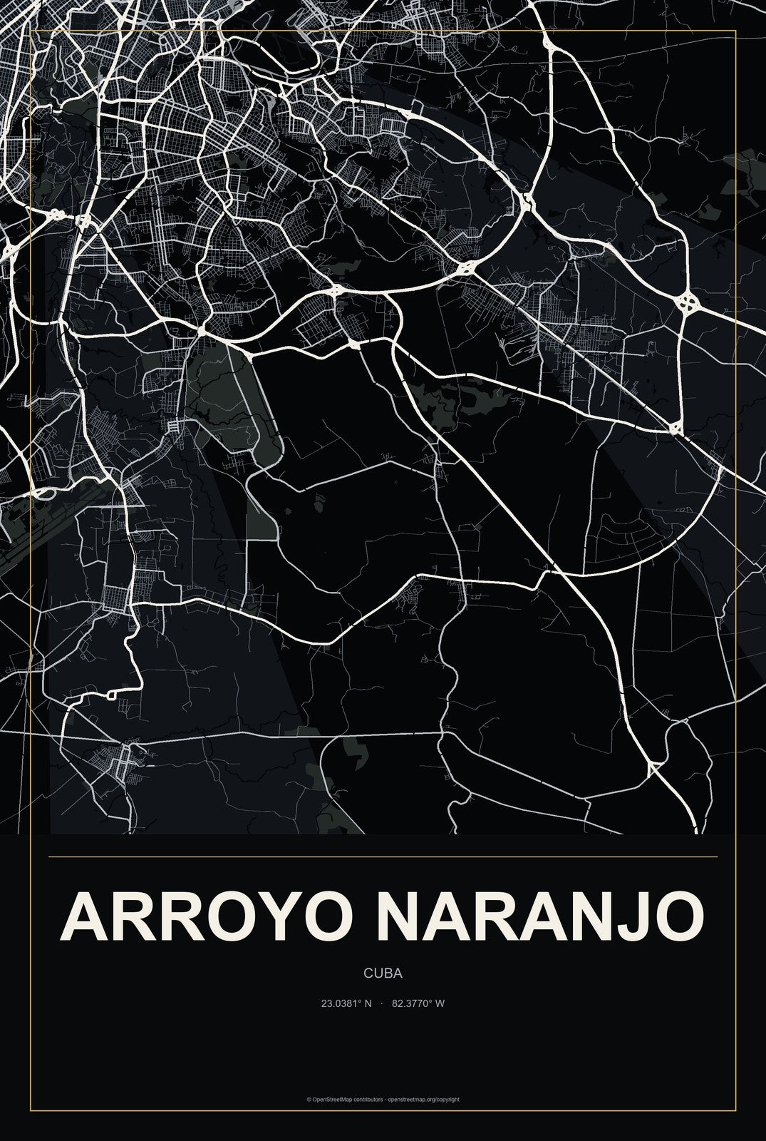 Arroyo Naranjo, Cuba City Map Aluminum Sign in Metropolitan Noir style