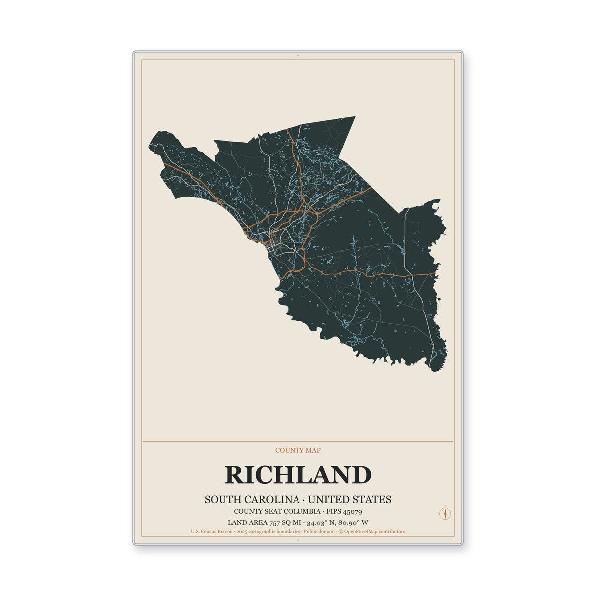 Richland County, South Carolina Map Aluminum Sign in Headline Atlas style