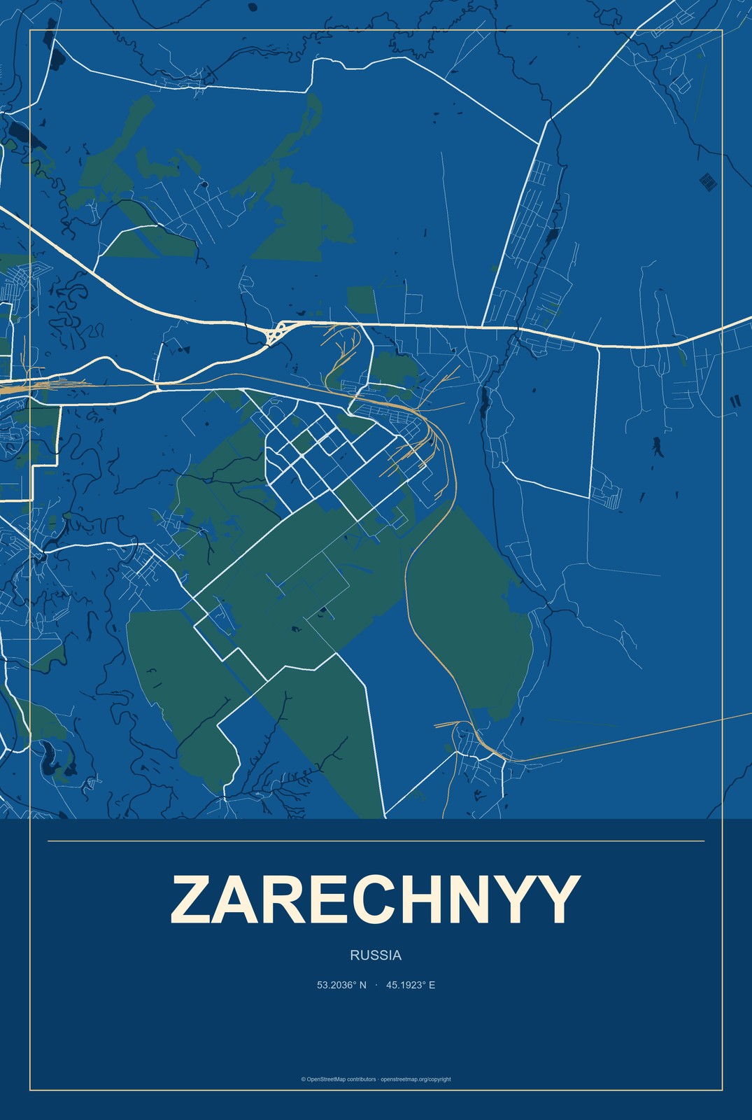 Zarechnyy, Sverdlovsk Oblast, Russia City Map Aluminum Sign in Harbor Cobalt style