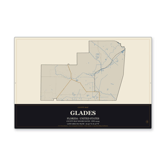 Glades County, Florida Map Aluminum Sign in Museum Plaque style