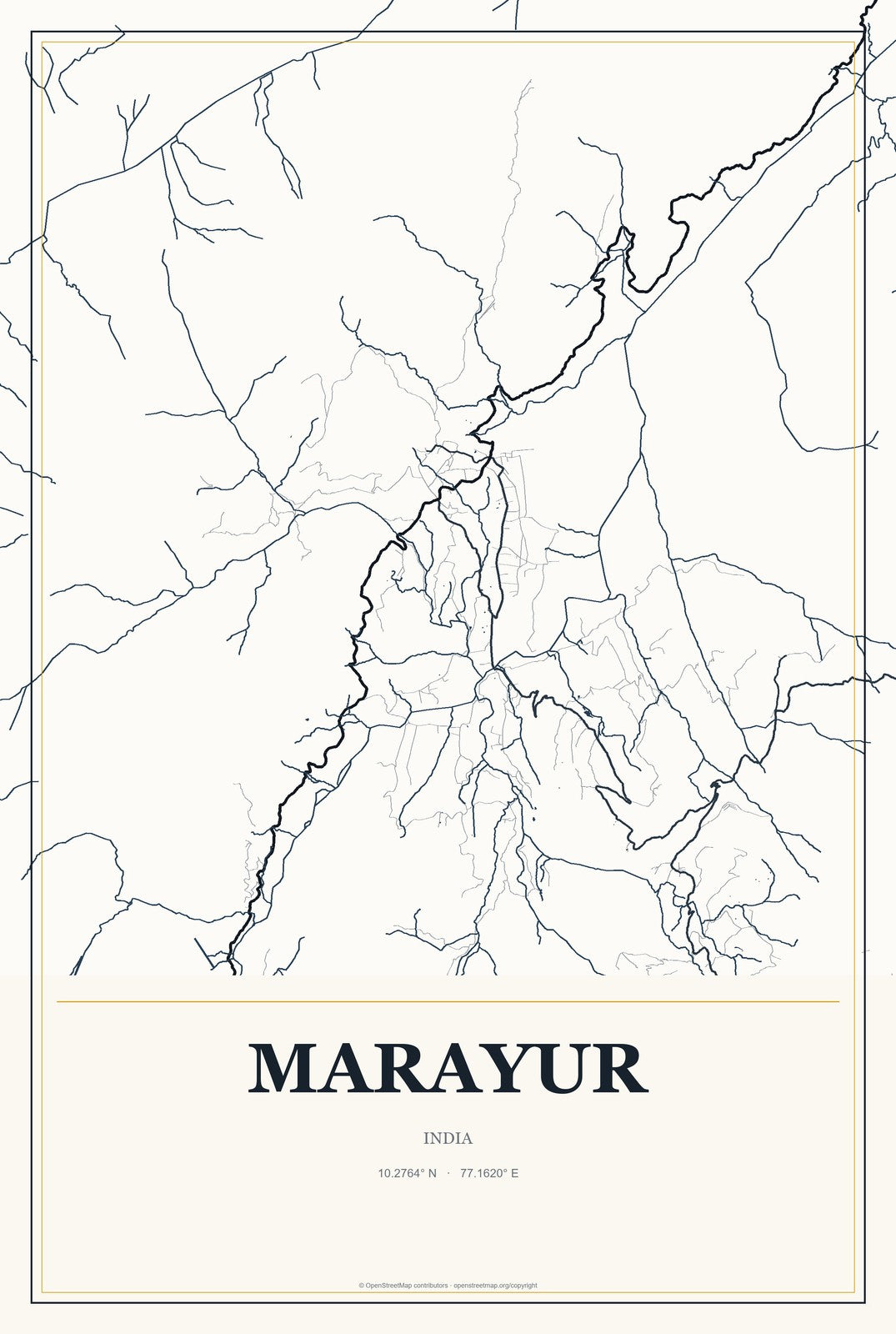 Marayur, India City Map Aluminum Sign in Citrine Modern style