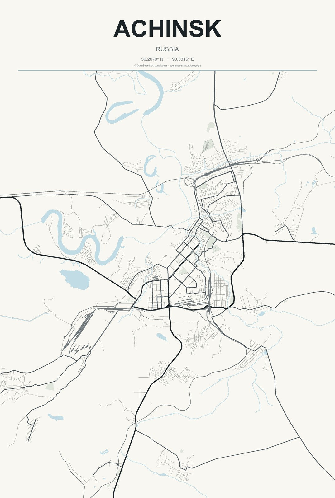 Achinsk, Russia City Map Aluminum Sign in Headline Atlas style