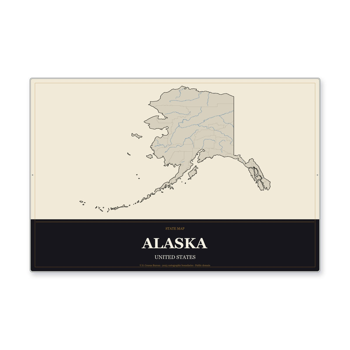 Alaska state map aluminum sign in Museum Plaque style