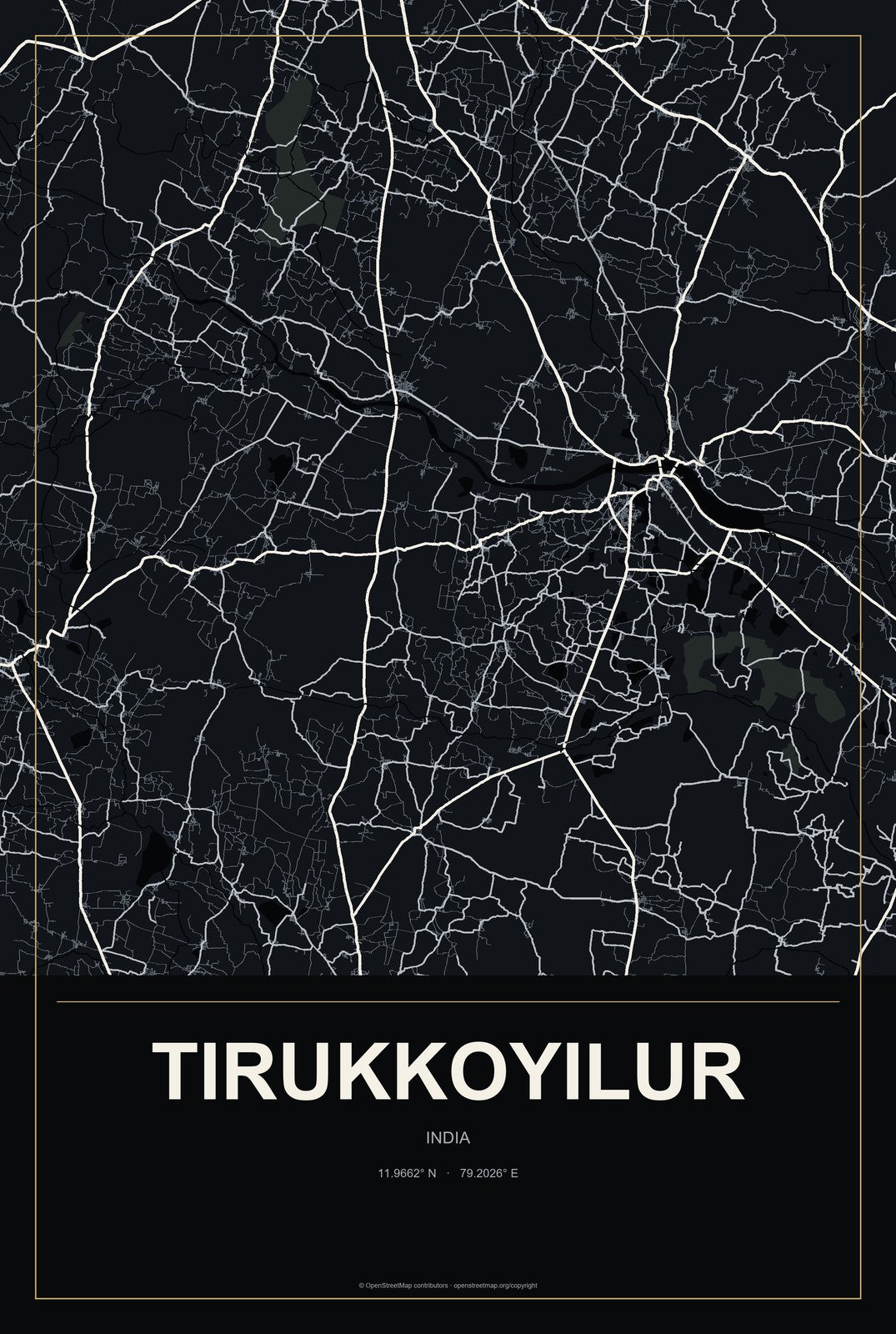 Tirukkoyilur, India City Map Aluminum Sign in Metropolitan Noir style