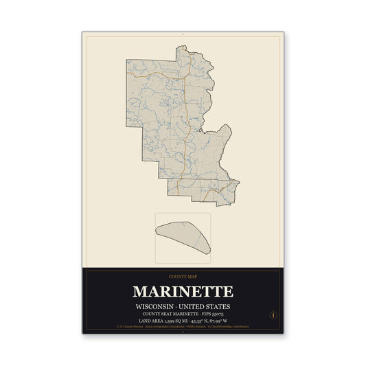Marinette County, Wisconsin Map Aluminum Sign in Museum Plaque style