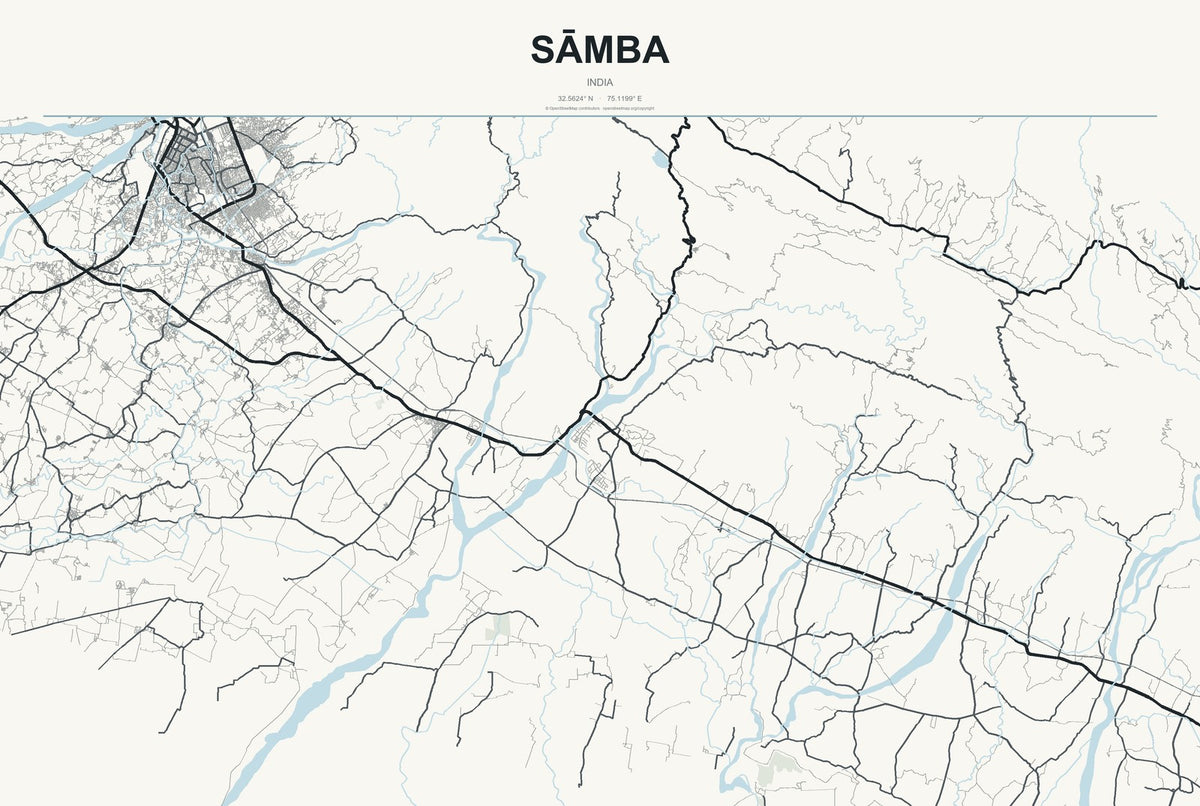Sāmba, India City Map Aluminum Sign in Headline Atlas style