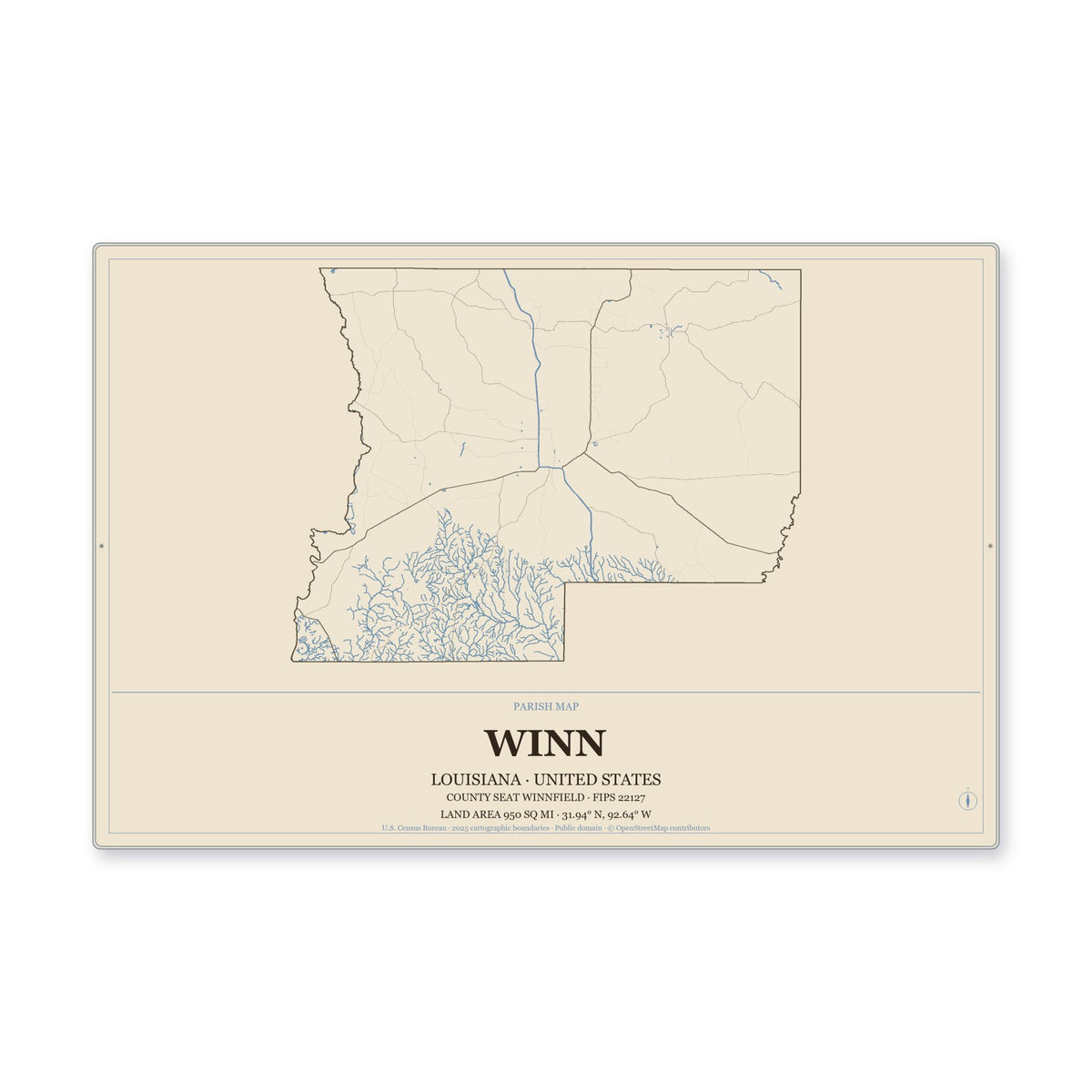 Winn Parish, Louisiana Map Aluminum Sign in Heritage Nautical style