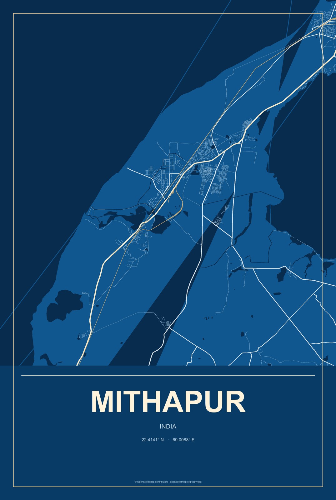 Mithapur, India City Map Aluminum Sign in Harbor Cobalt style