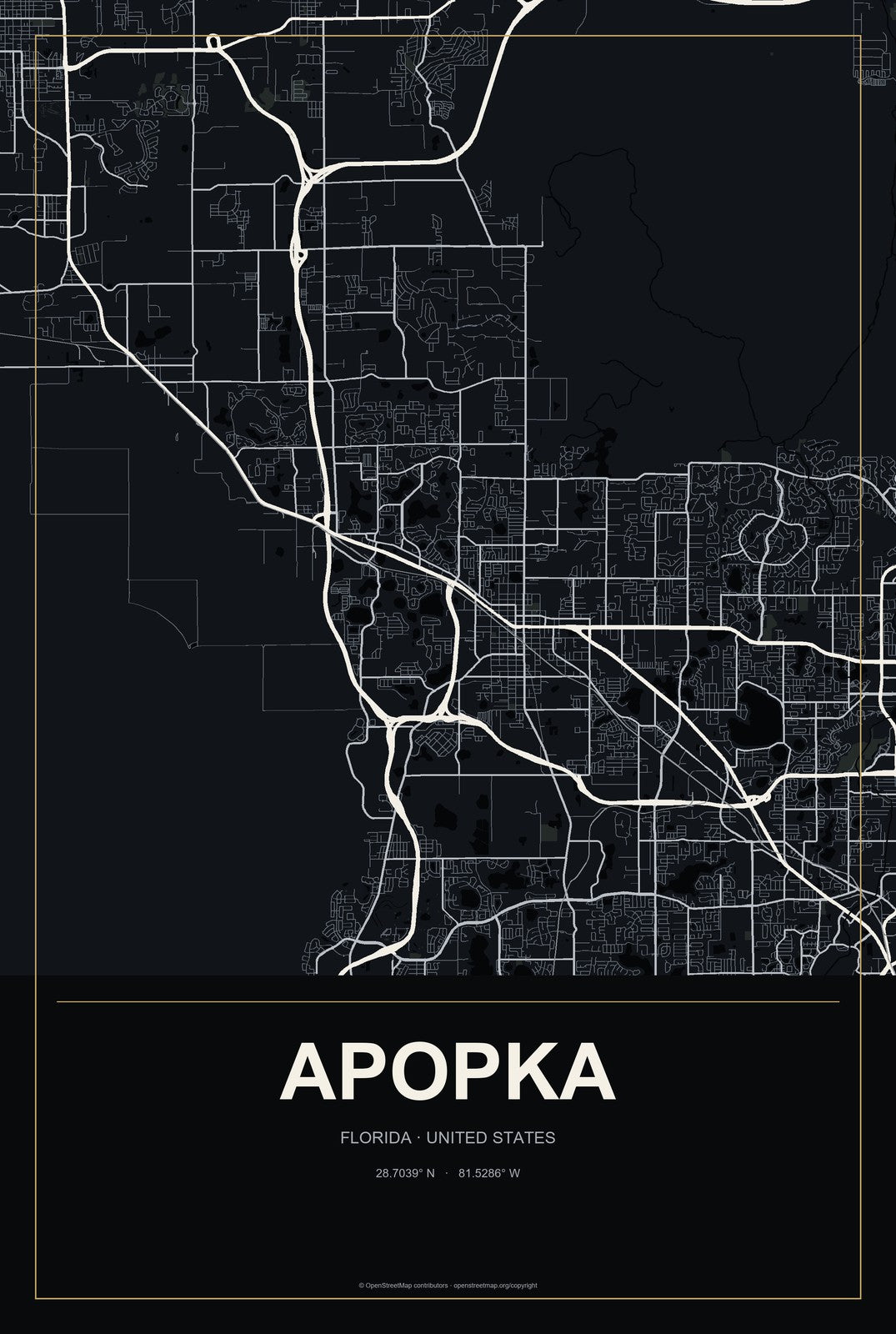 Apopka, Florida City Map Aluminum Sign in Metropolitan Noir style