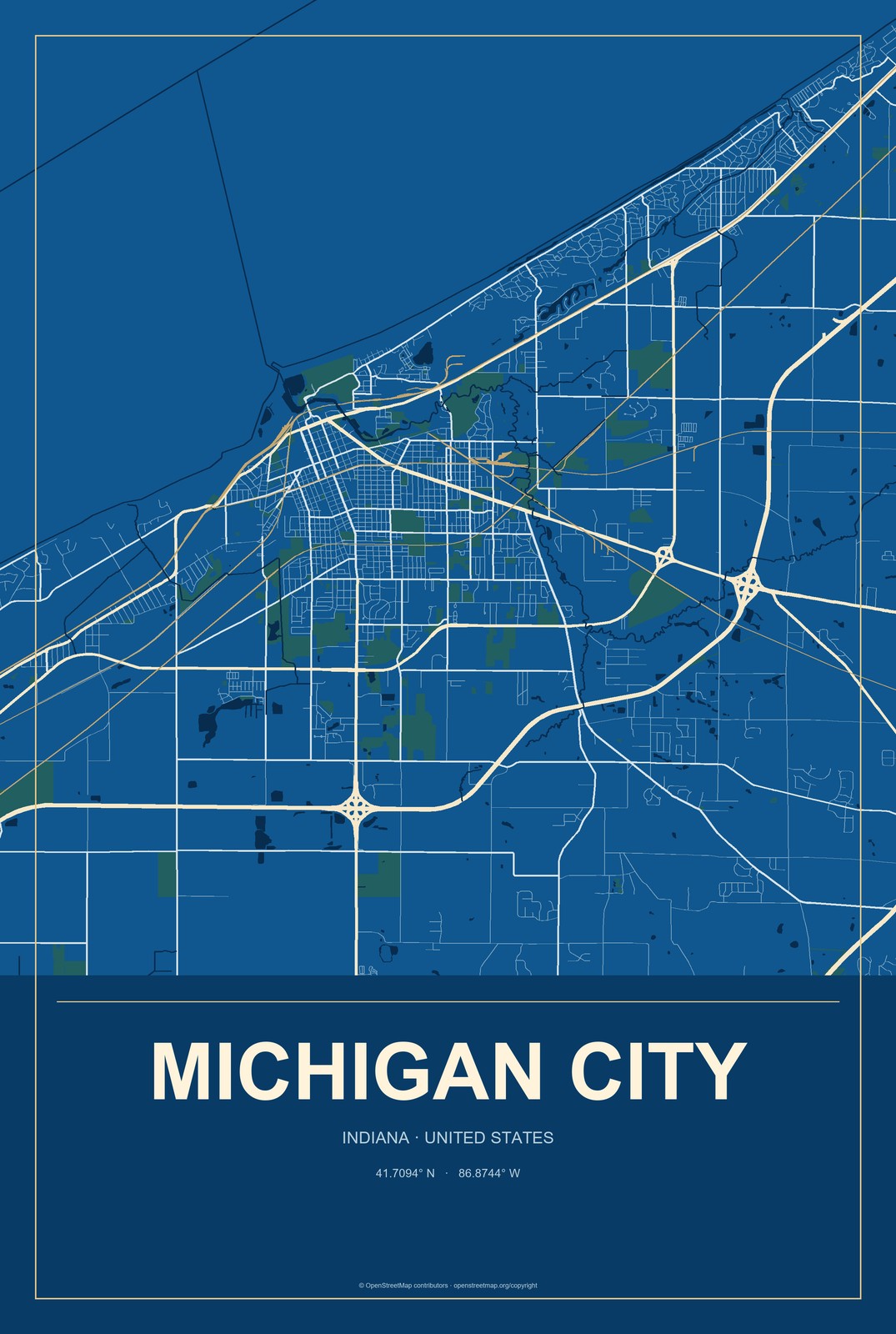 Michigan City, Indiana City Map Aluminum Sign in Harbor Cobalt style