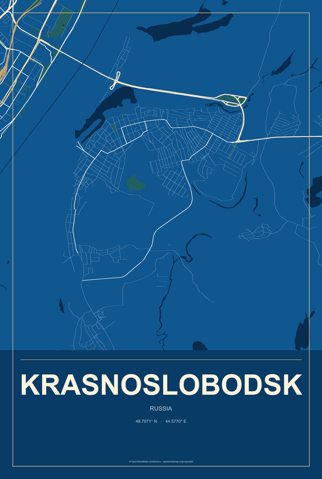 Krasnoslobodsk, Volgograd Oblast, Russia City Map Aluminum Sign in Harbor Cobalt style
