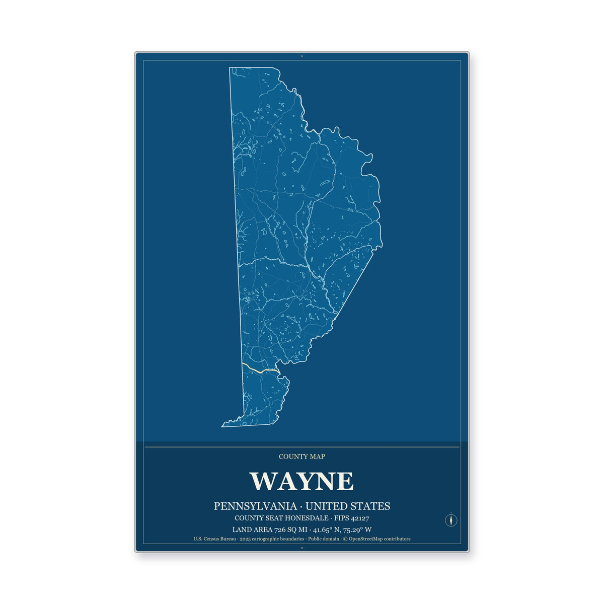 Wayne County, Pennsylvania Map Aluminum Sign in Harbor Cobalt style