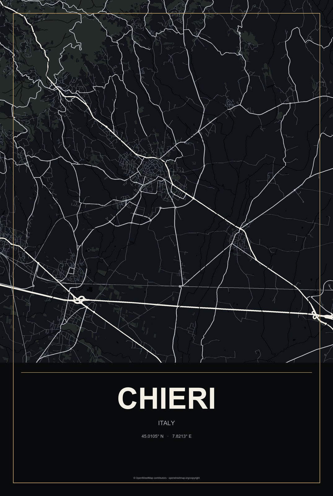 Chieri, Italy City Map Aluminum Sign in Metropolitan Noir style