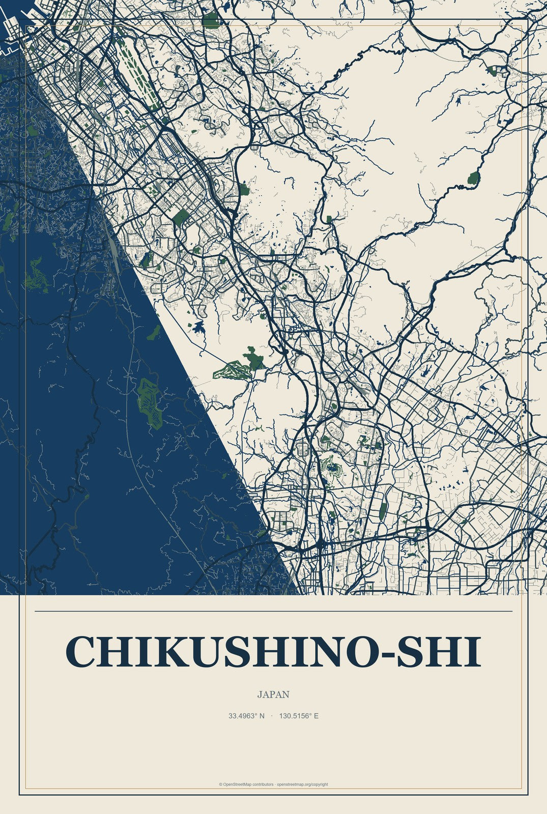 Chikushino-shi, Japan City Map Aluminum Sign in Coastal Cutout style