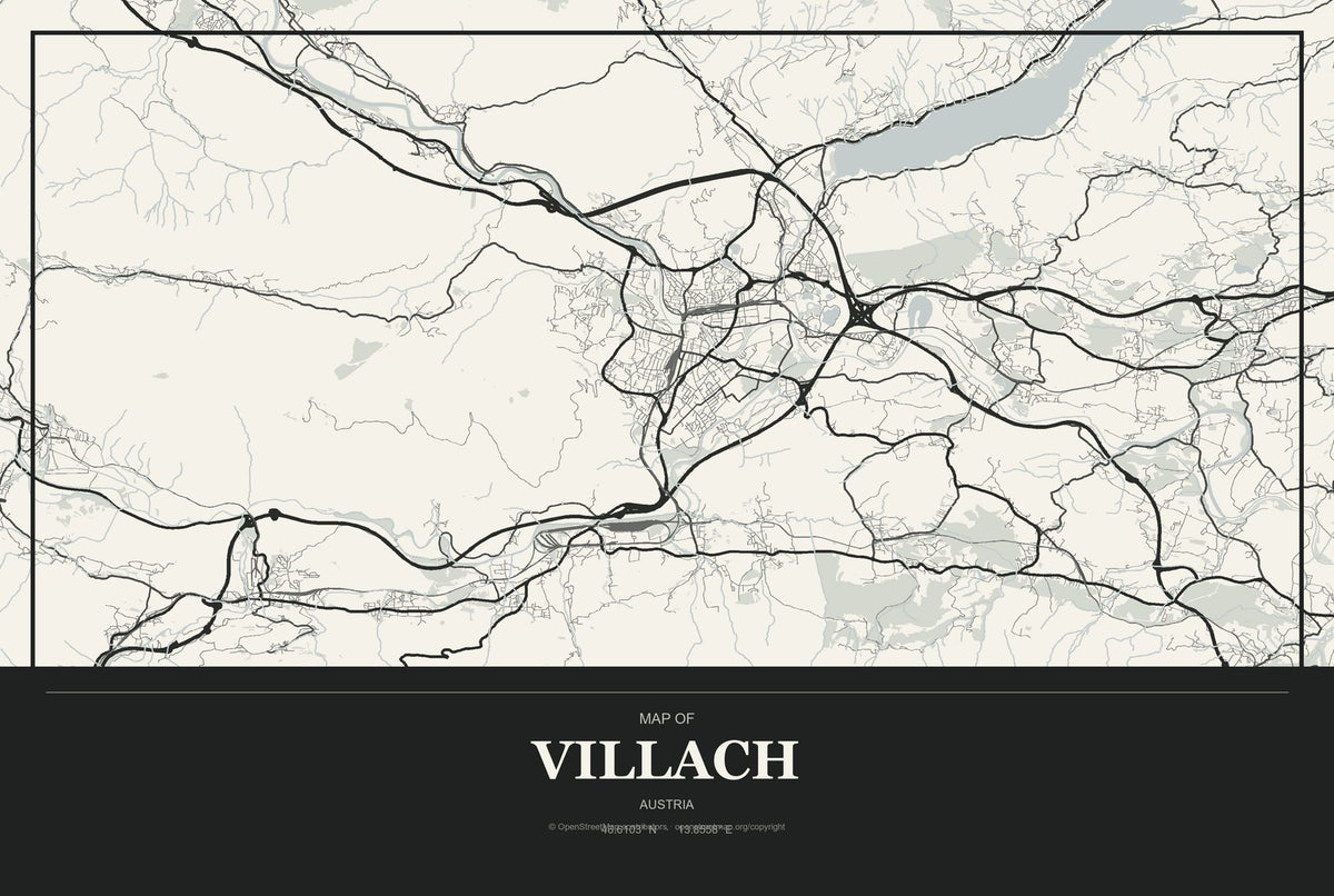 Villach, Austria City Map Aluminum Sign in Museum Plaque style