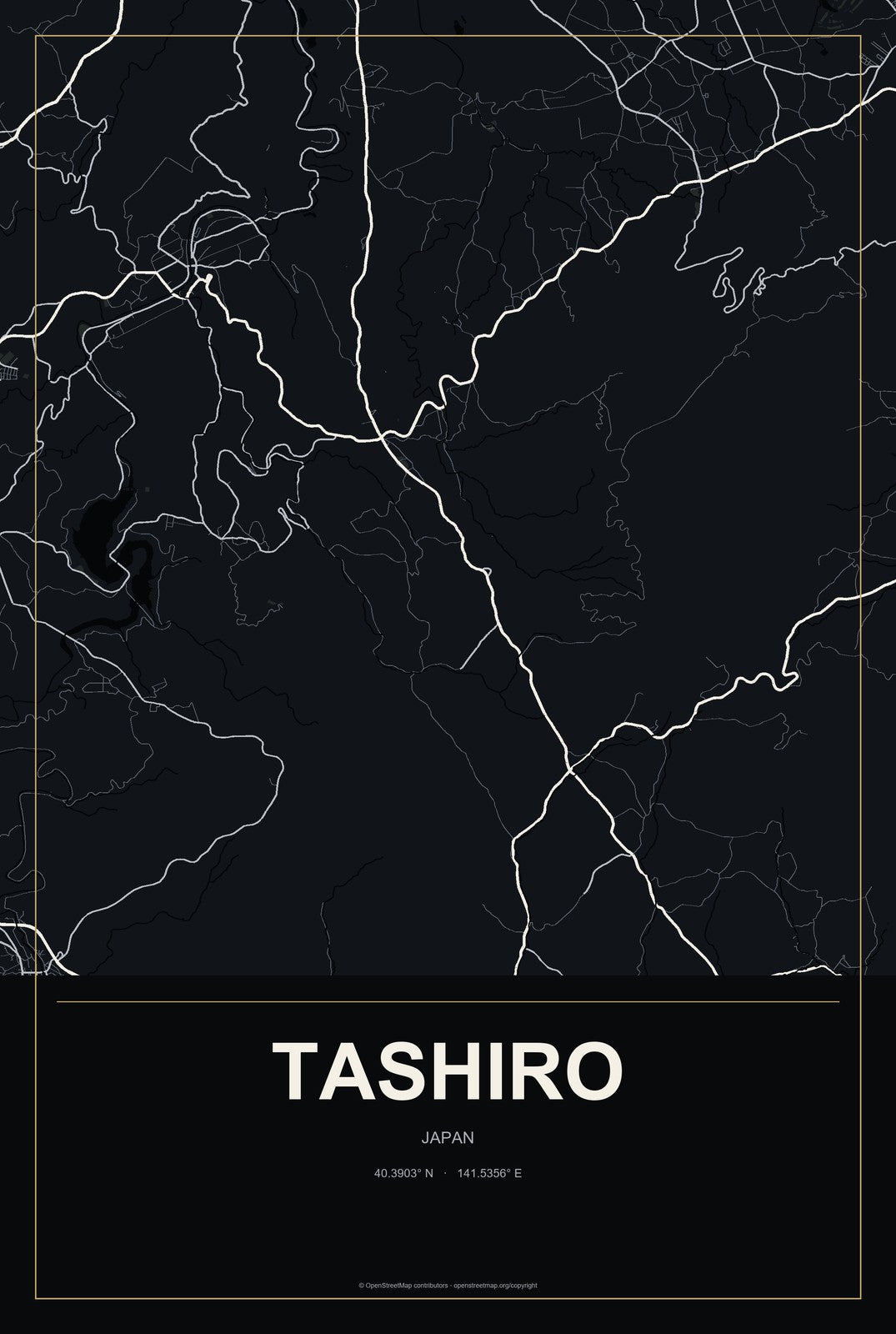 Tashiro, Japan City Map Aluminum Sign in Metropolitan Noir style