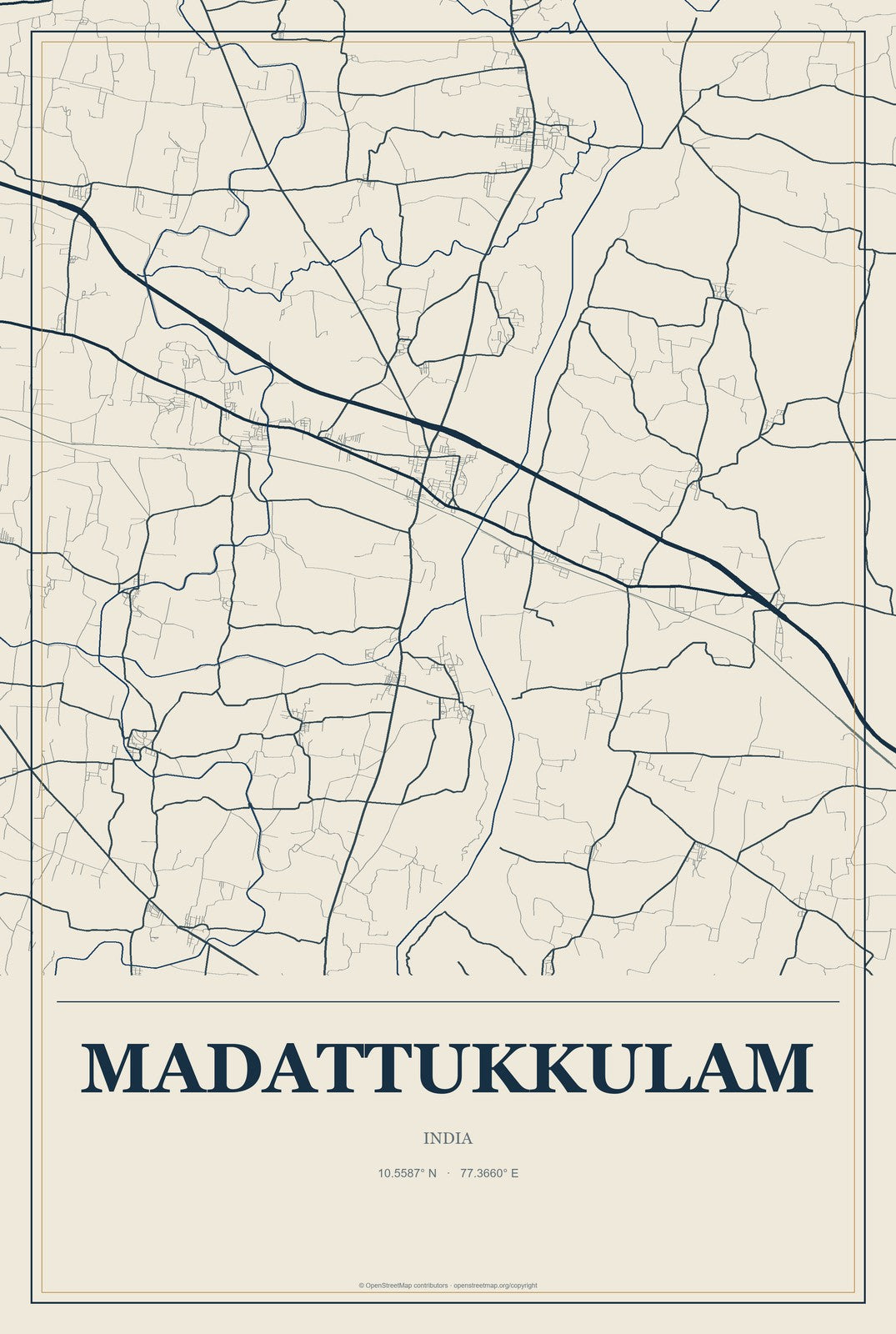 Madattukkulam, India City Map Aluminum Sign in Coastal Cutout style