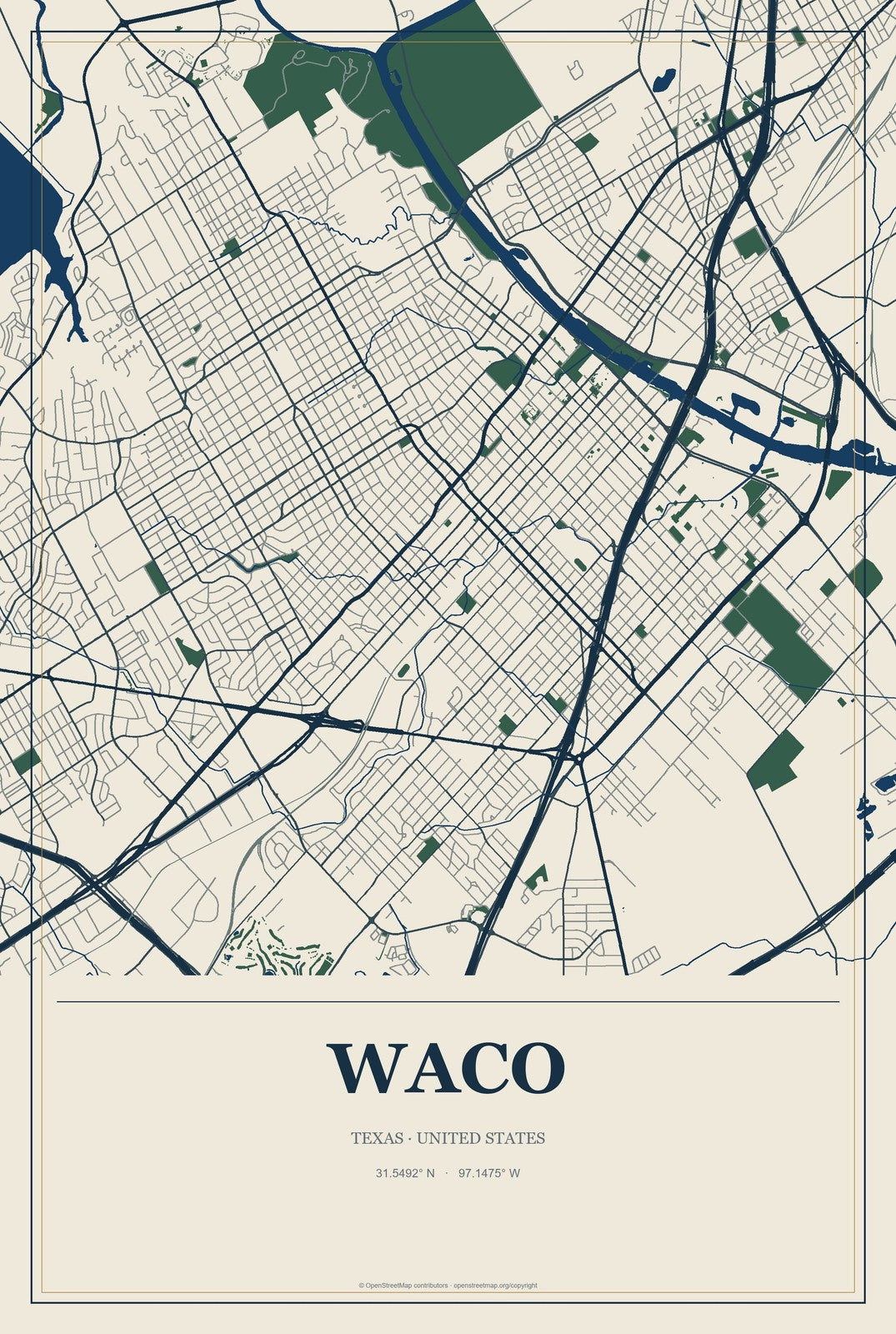 Waco, Texas City Map Aluminum Sign in Coastal Cutout style