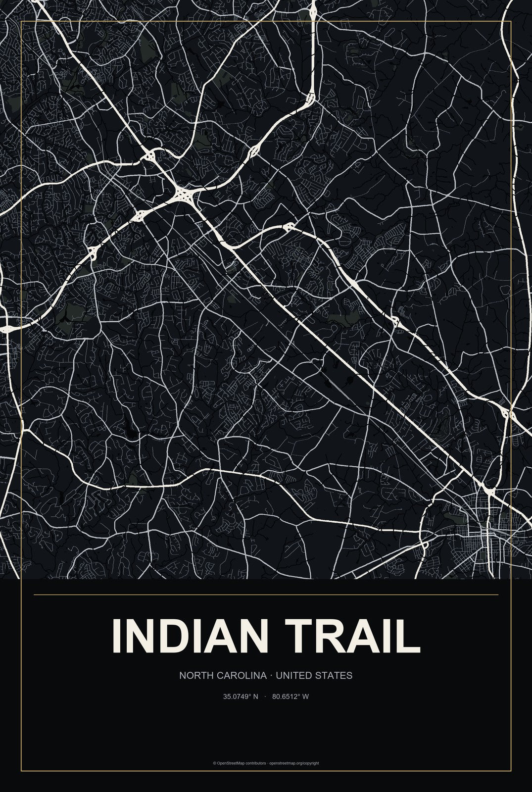 Indian Trail, North Carolina City Map Aluminum Sign in Metropolitan Noir style