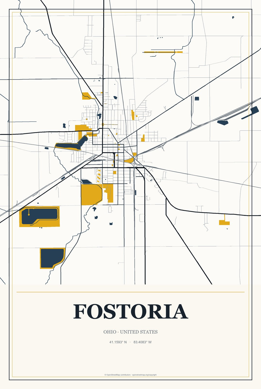 Fostoria, Ohio City Map Aluminum Sign in Citrine Modern style