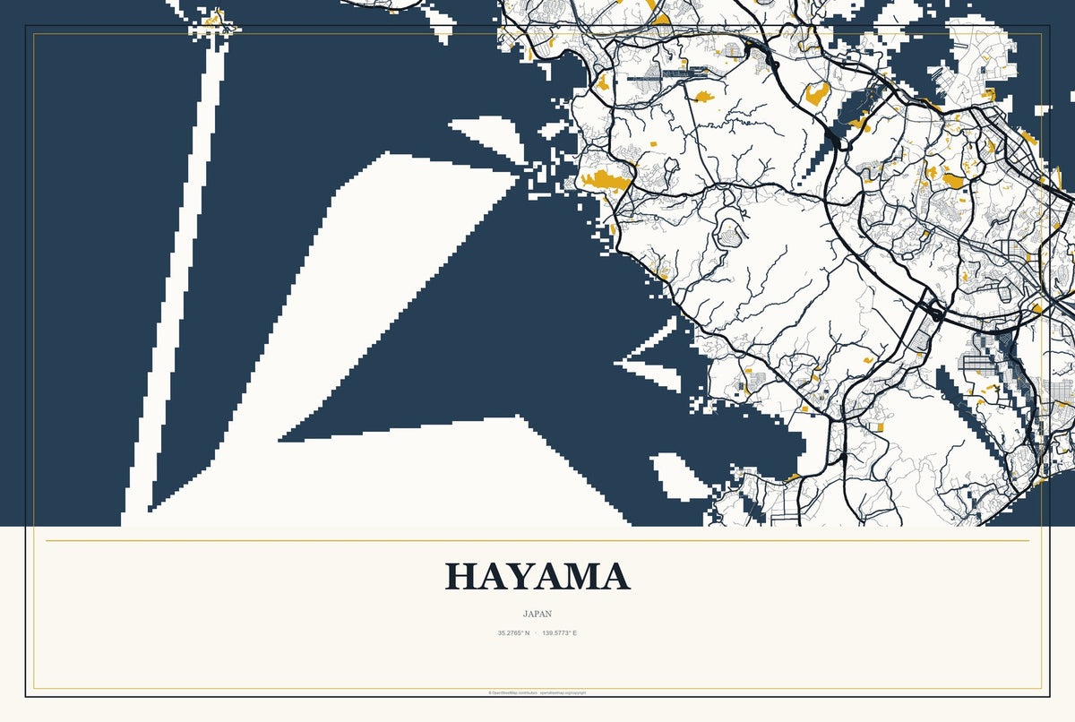 Hayama, Japan City Map Aluminum Sign in Citrine Modern style