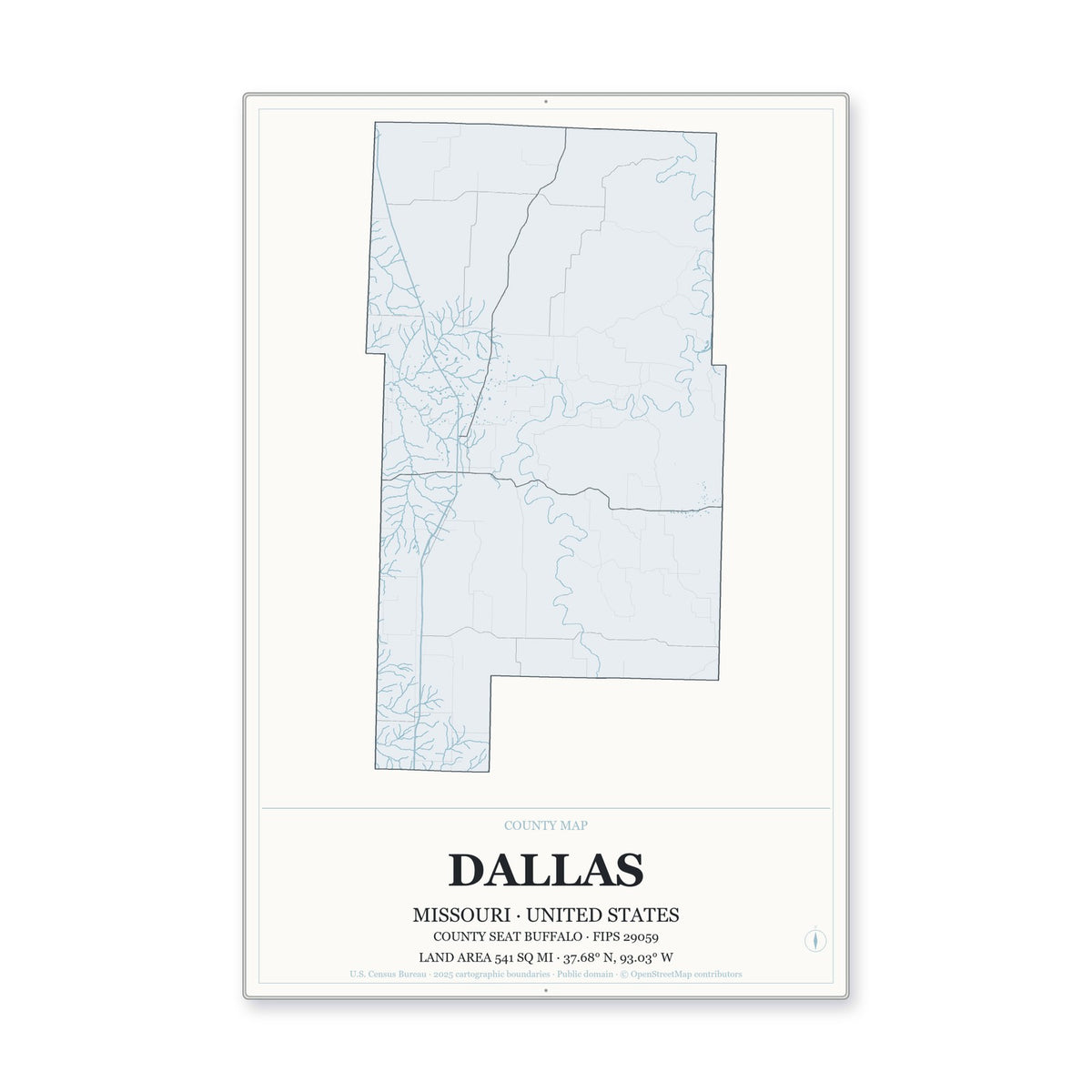 Dallas County, Missouri Map Aluminum Sign in Gallery Air style