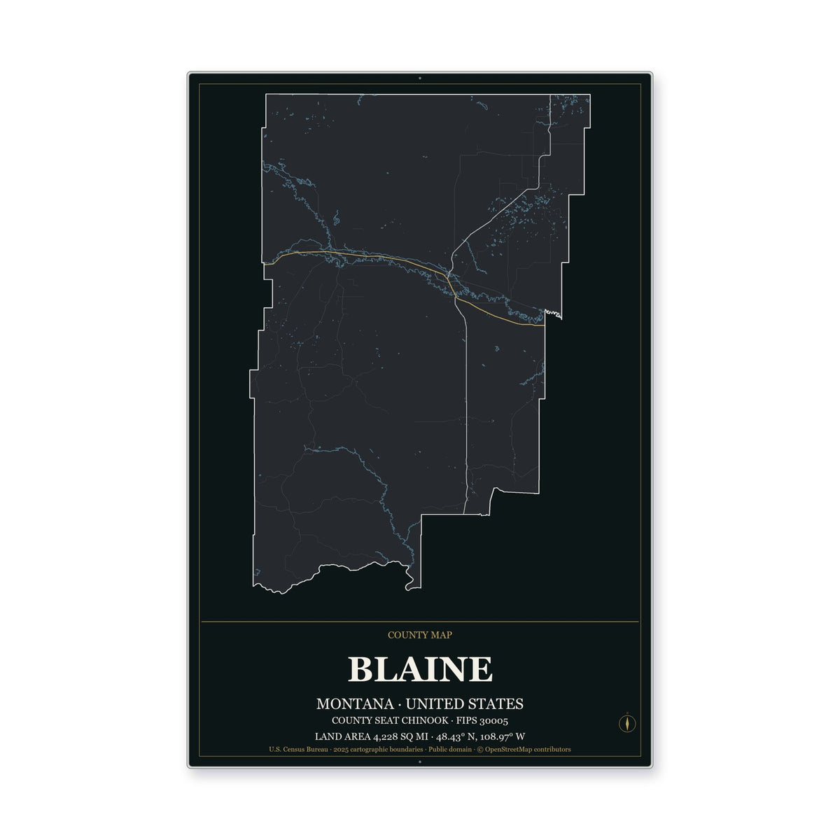 Blaine County, Montana Map Aluminum Sign in Metropolitan Noir style