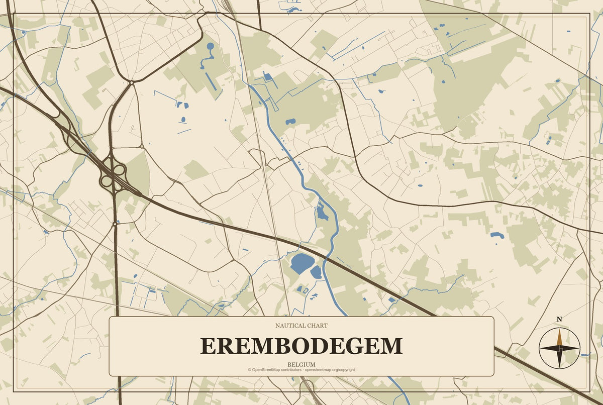 Erembodegem, Belgium City Map Aluminum Sign in Heritage Nautical style
