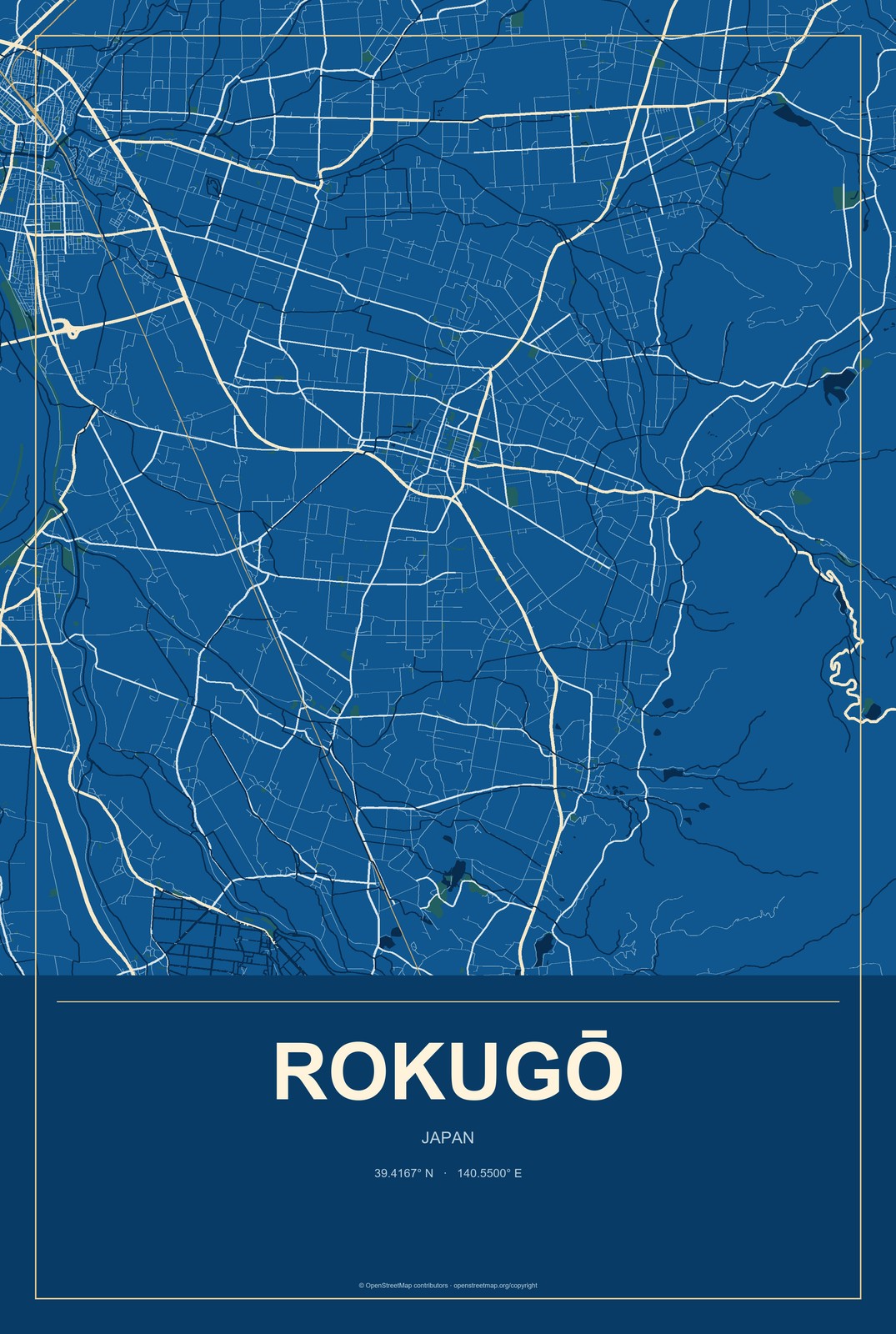 Rokugō, Japan City Map Aluminum Sign in Harbor Cobalt style