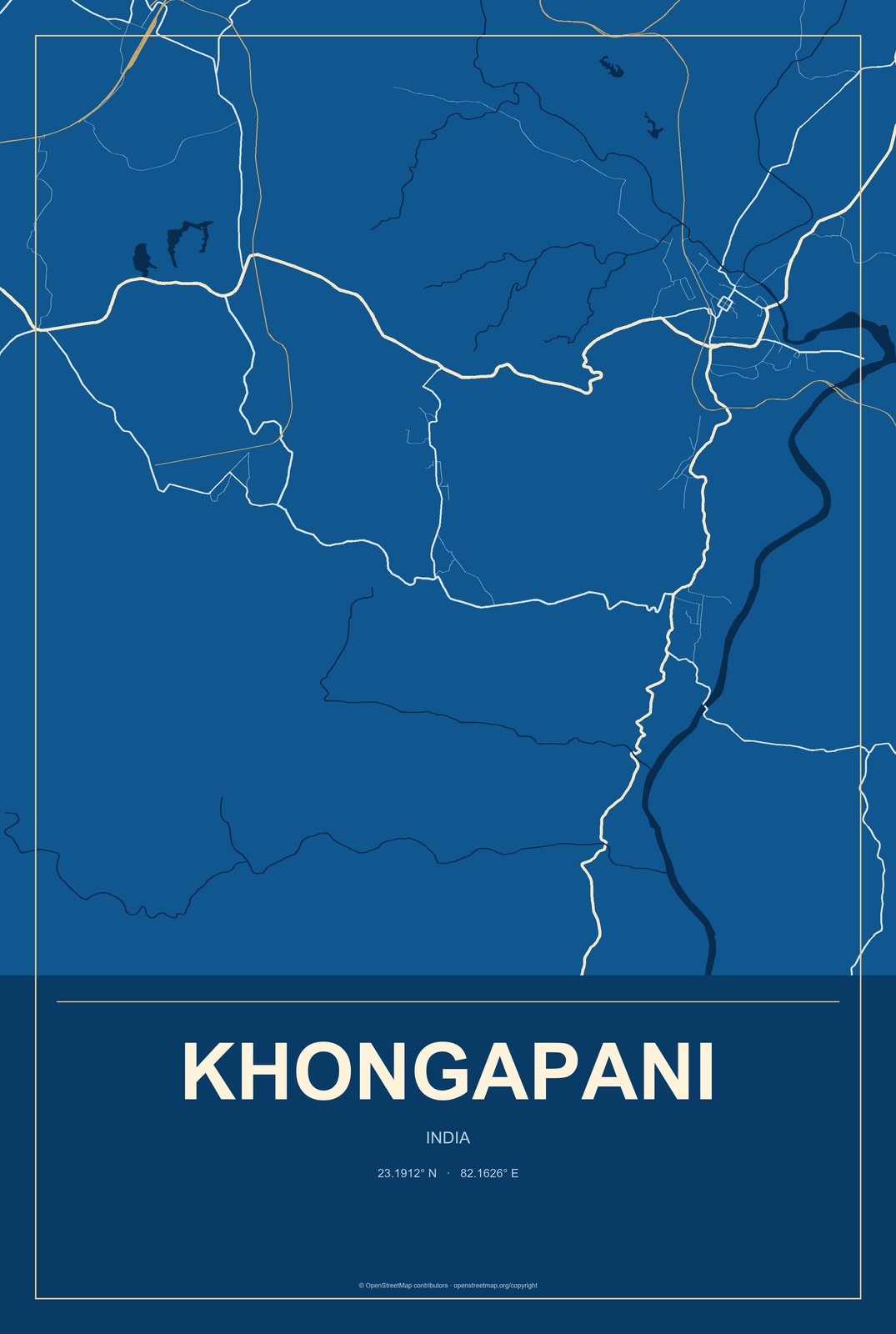 Khongapani, India City Map Aluminum Sign in Harbor Cobalt style