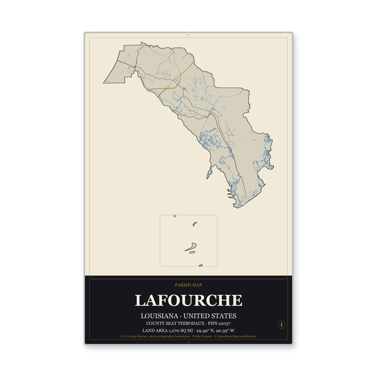 Lafourche Parish, Louisiana Map Aluminum Sign in Museum Plaque style