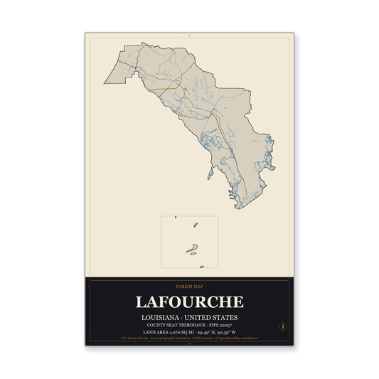Lafourche Parish, Louisiana Map Aluminum Sign in Museum Plaque style