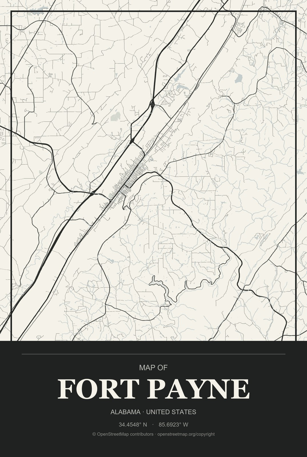 Fort Payne, Alabama City Map Aluminum Sign in Museum Plaque style