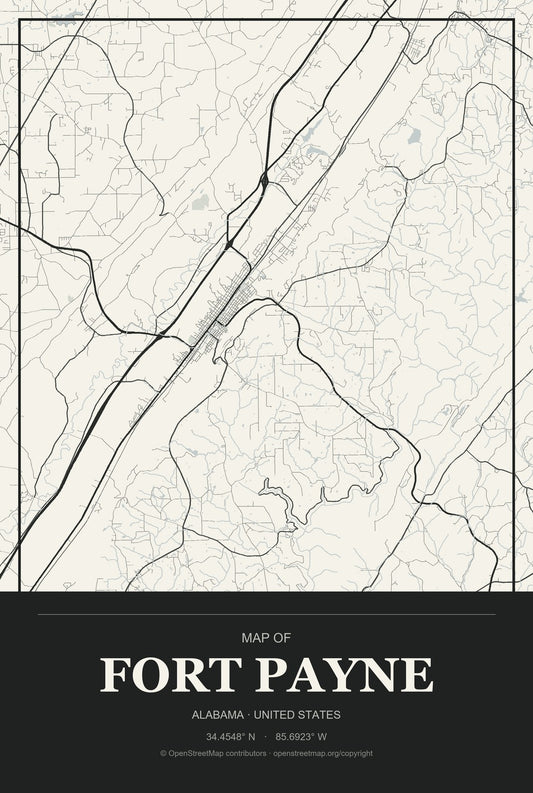 Fort Payne, Alabama City Map Aluminum Sign in Museum Plaque style