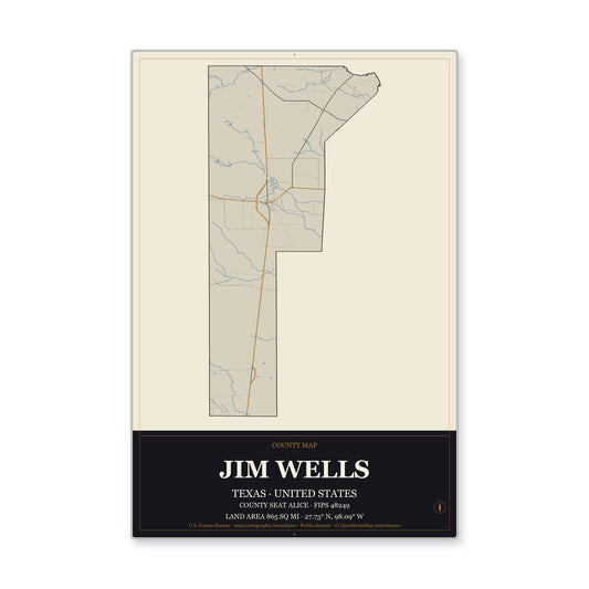 Jim Wells County, Texas Map Aluminum Sign in Museum Plaque style