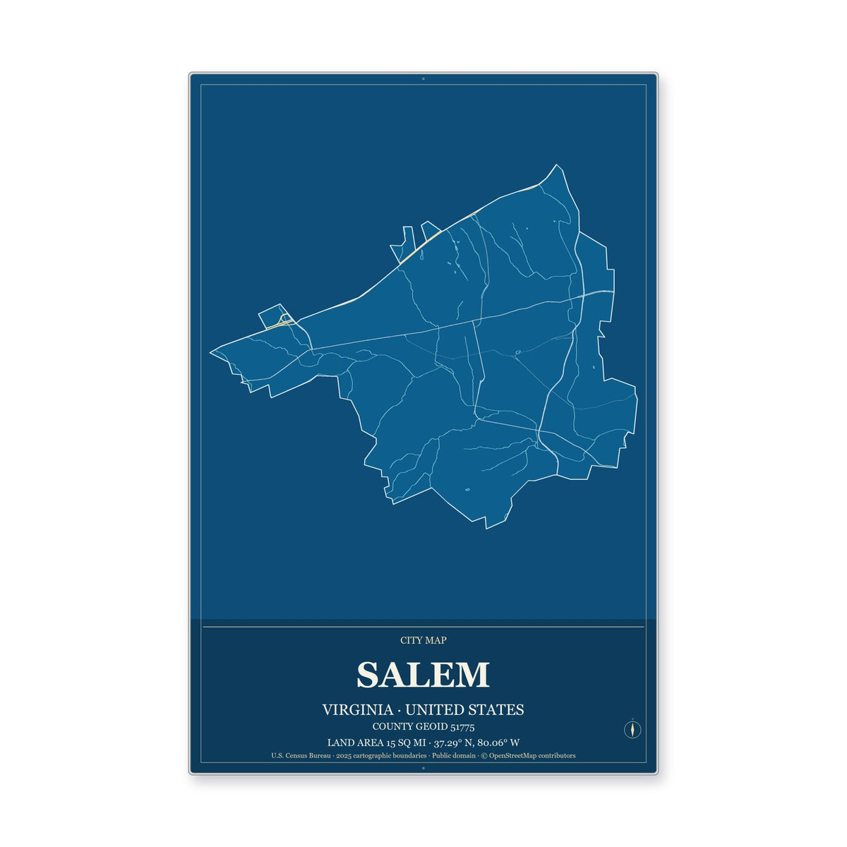Salem city, Virginia Map Aluminum Sign in Harbor Cobalt style