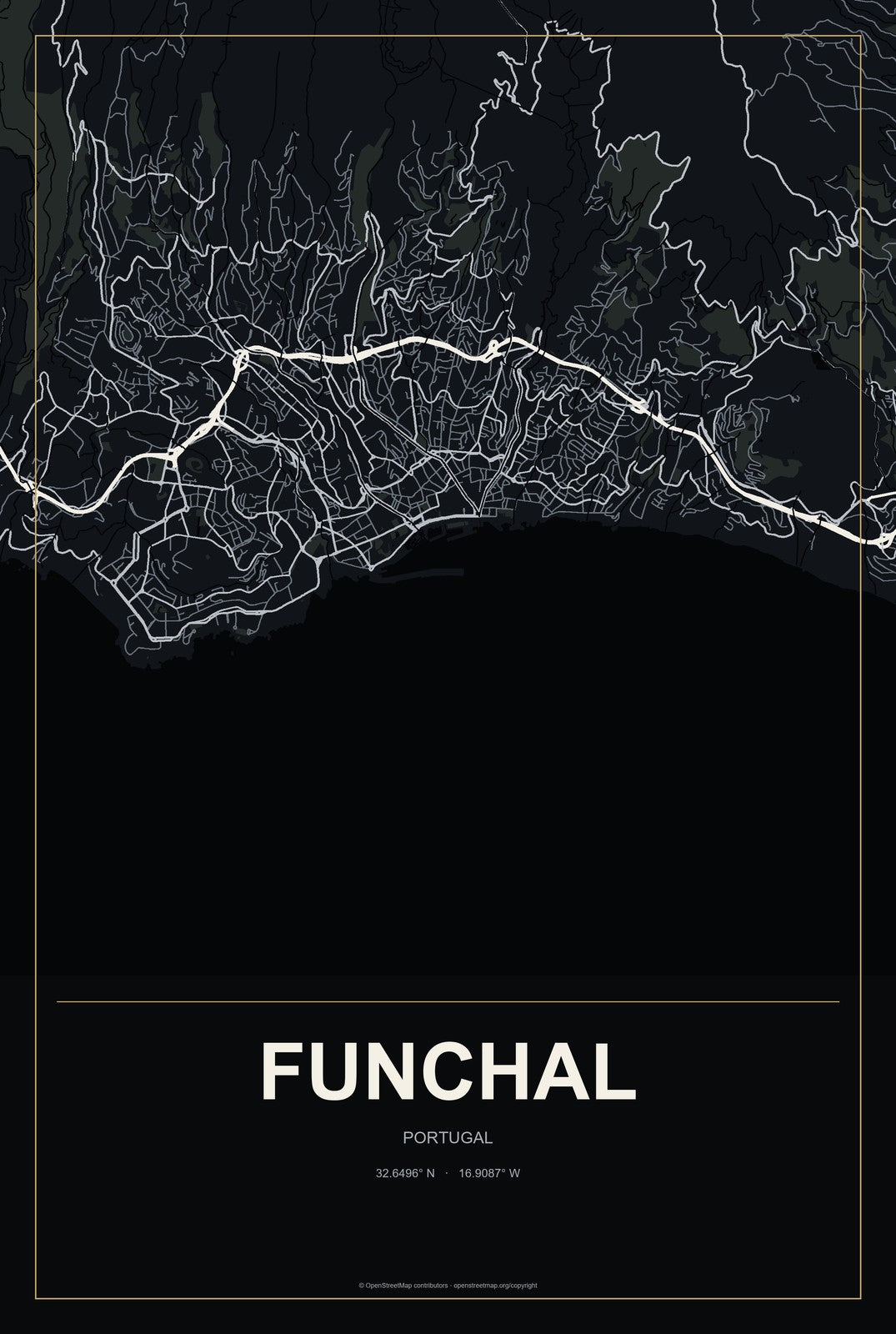 Funchal, Portugal City Map Aluminum Sign in Metropolitan Noir style