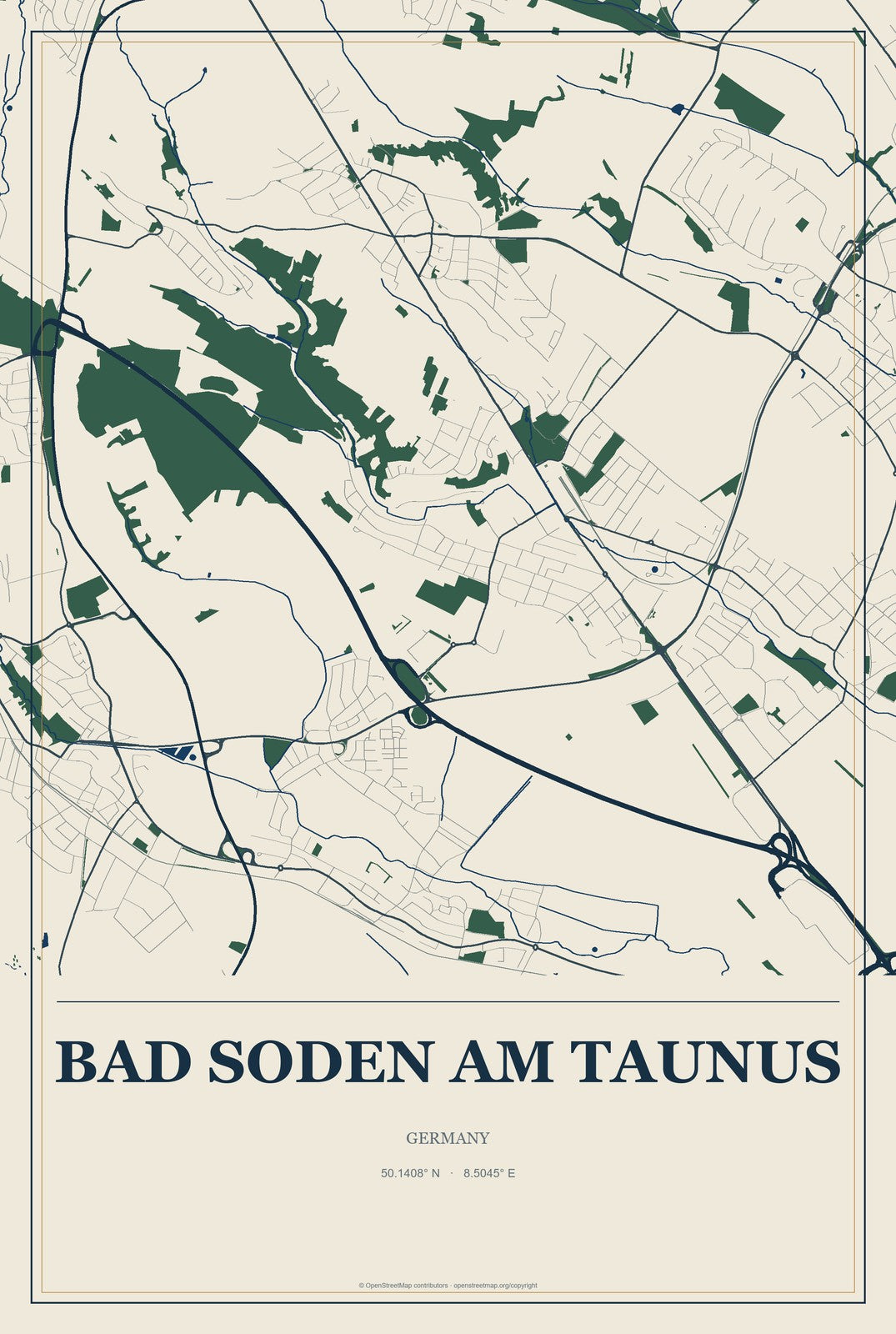 Bad Soden am Taunus, Germany City Map Aluminum Sign in Coastal Cutout style