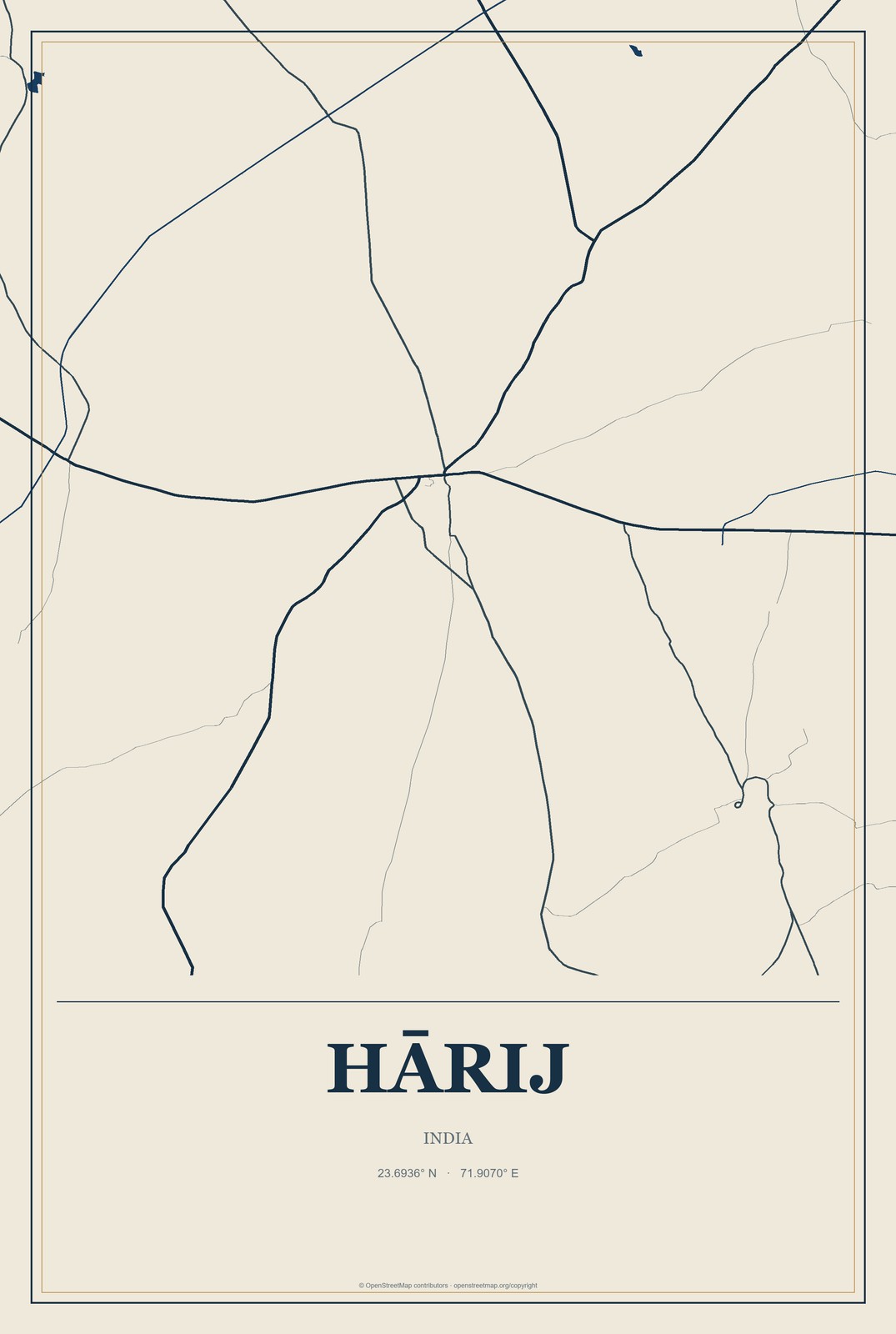 Hārij, India City Map Aluminum Sign in Coastal Cutout style