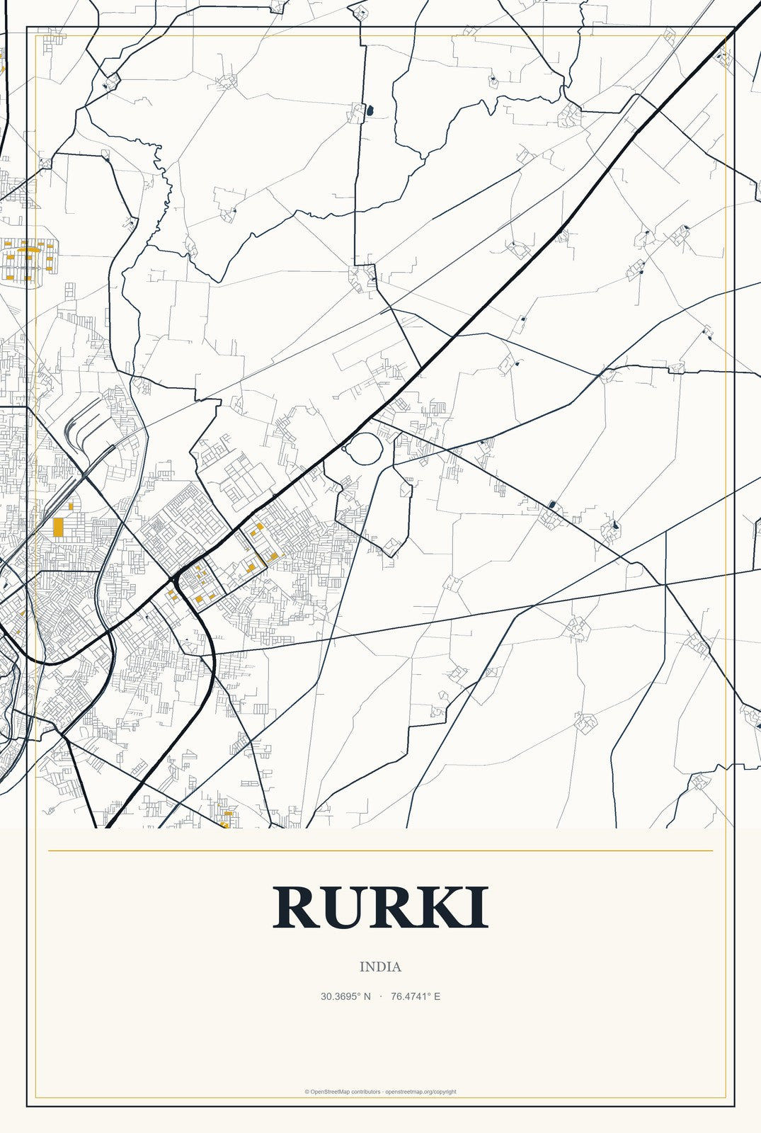 Rurki, India City Map Aluminum Sign in Citrine Modern style
