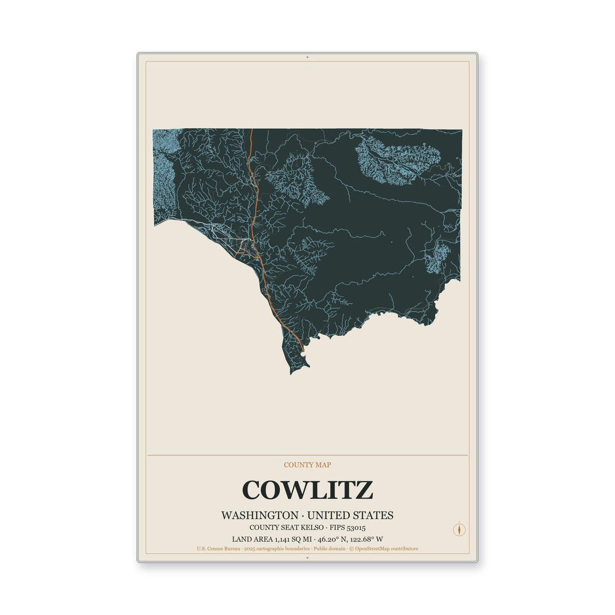 Cowlitz County, Washington Map Aluminum Sign in Headline Atlas style
