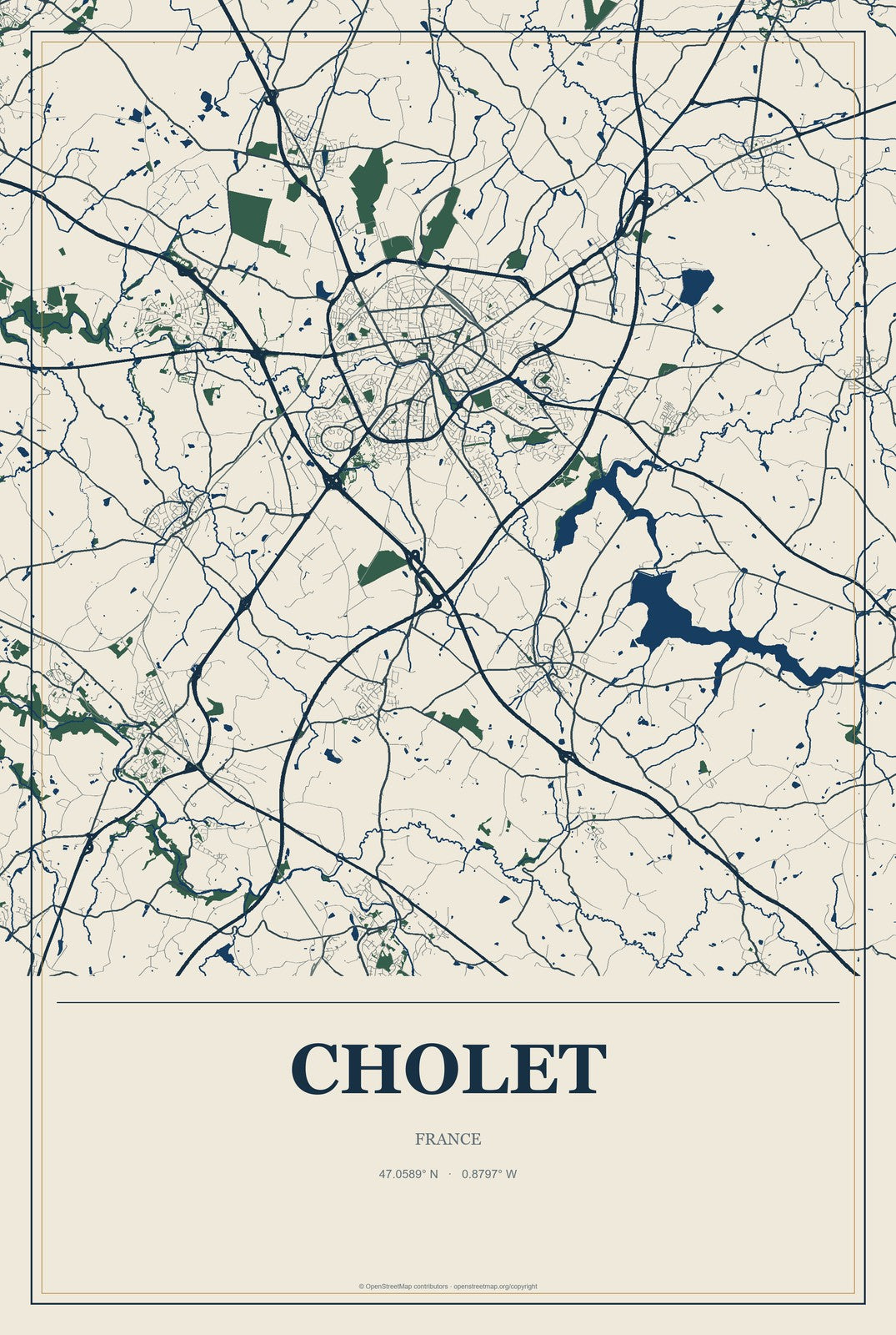 Cholet, France City Map Aluminum Sign in Coastal Cutout style