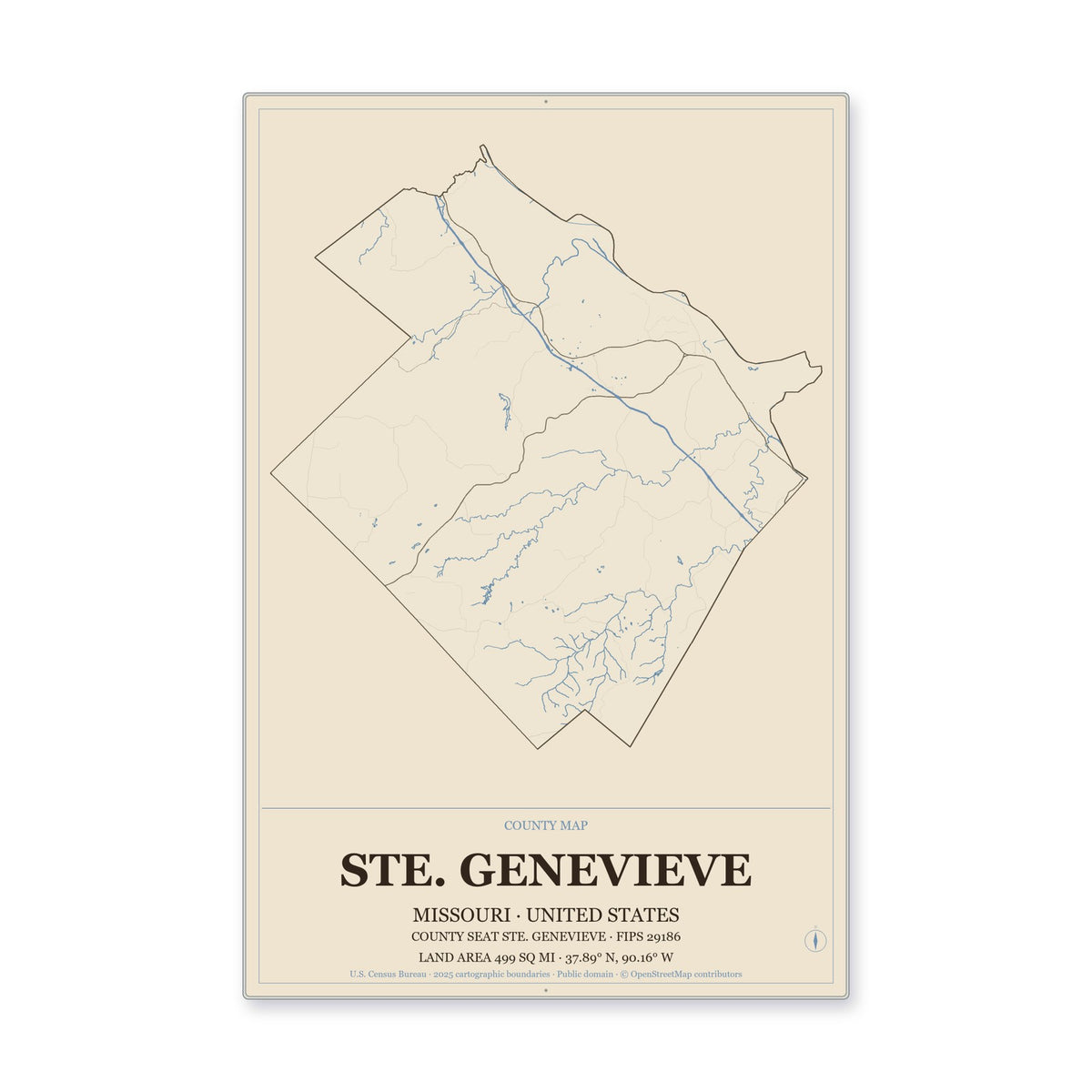 Ste. Genevieve County, Missouri Map Aluminum Sign in Heritage Nautical style